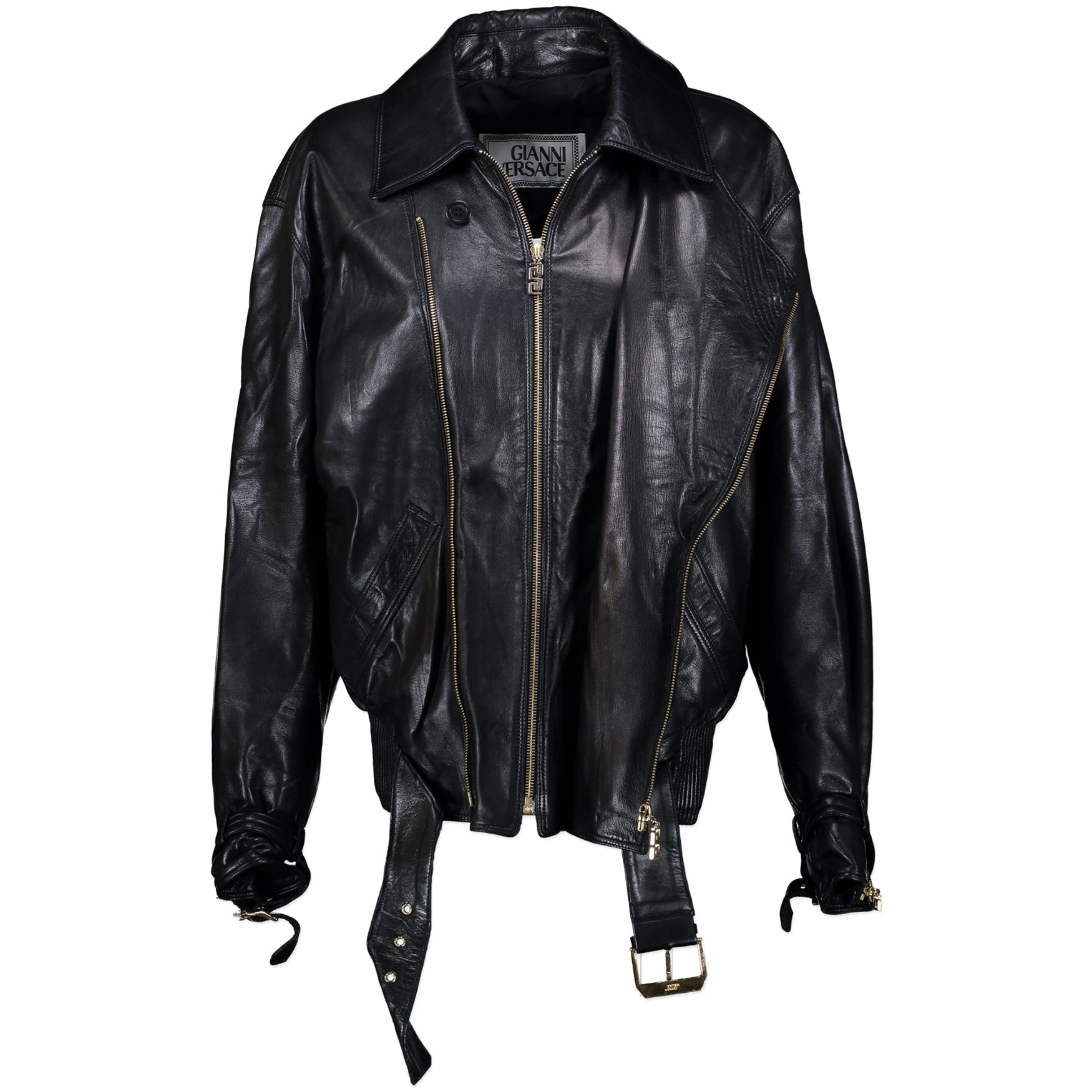 Gianni Versace Black Leather Jacket. Buy online secondhand Versace jacket at labellov webshop. Safe payment. Motorcycle trend, oversized leather jacket