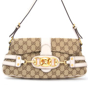 Authentieke Gucci Beige Monogram schoudertas met wit en goud voor de juiste prijs bij LabelLOV vintage webshop. Gucci Beige Monogram Purse with white and gold. Veilig online winkelen. Luxe, vintage, mode. Antwerpen, België.