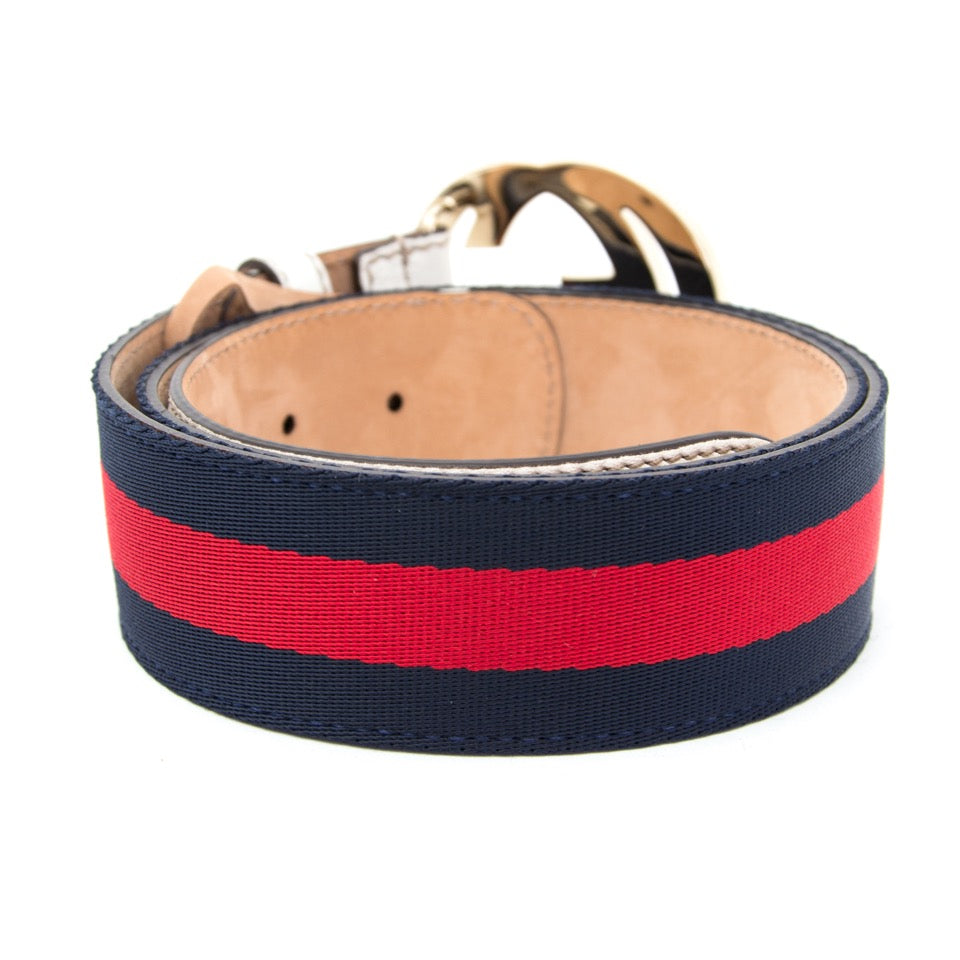 Authentieke Gucci riem, rood en blauw voor juiste prijs bij LabelLOV vintage webshop. Gucci Belt red and blue. Veilig online winkelen. Luxe, vintage, mode. Antwerpen, België.