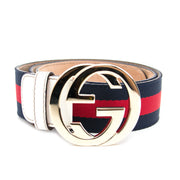 Authentieke Gucci riem, rood en blauw voor juiste prijs bij LabelLOV vintage webshop. Gucci Belt red and blue. Veilig online winkelen. Luxe, vintage, mode. Antwerpen, België.