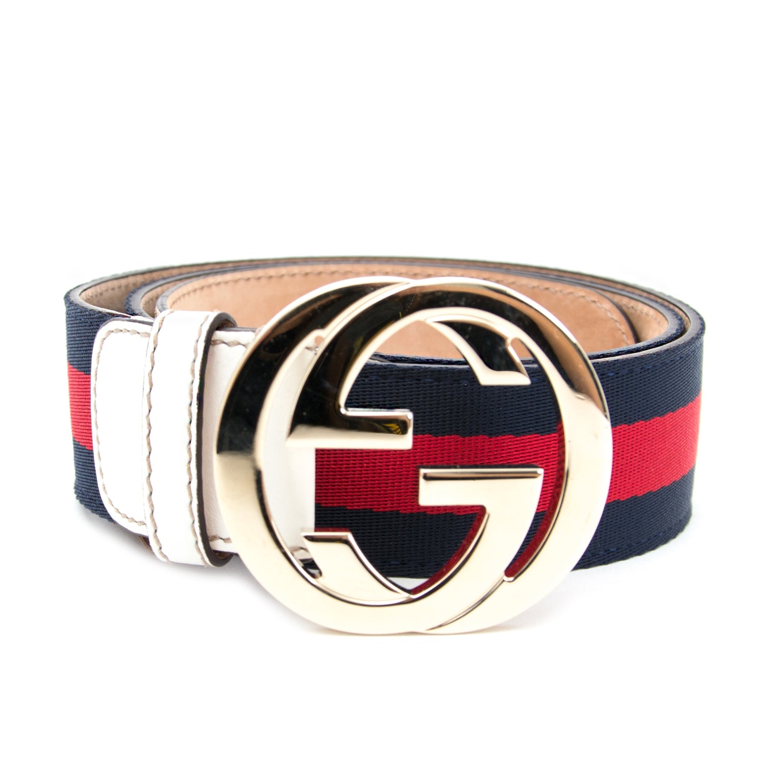 Authentieke Gucci riem, rood en blauw voor juiste prijs bij LabelLOV vintage webshop. Gucci Belt red and blue. Veilig online winkelen. Luxe, vintage, mode. Antwerpen, België.