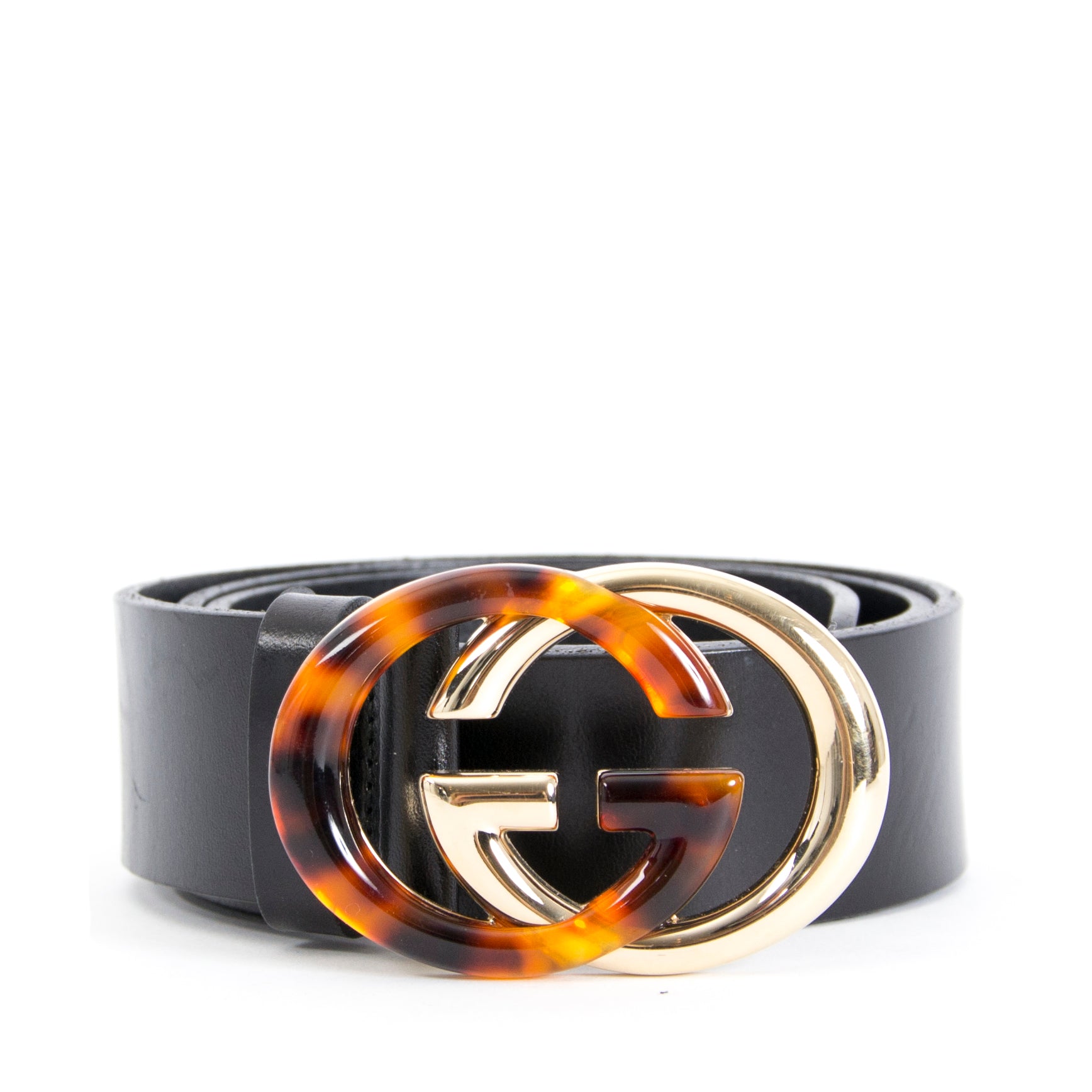 koop veilig online jouw tweedehands Gucci Black Leather Belt Double G Buckle - size 85