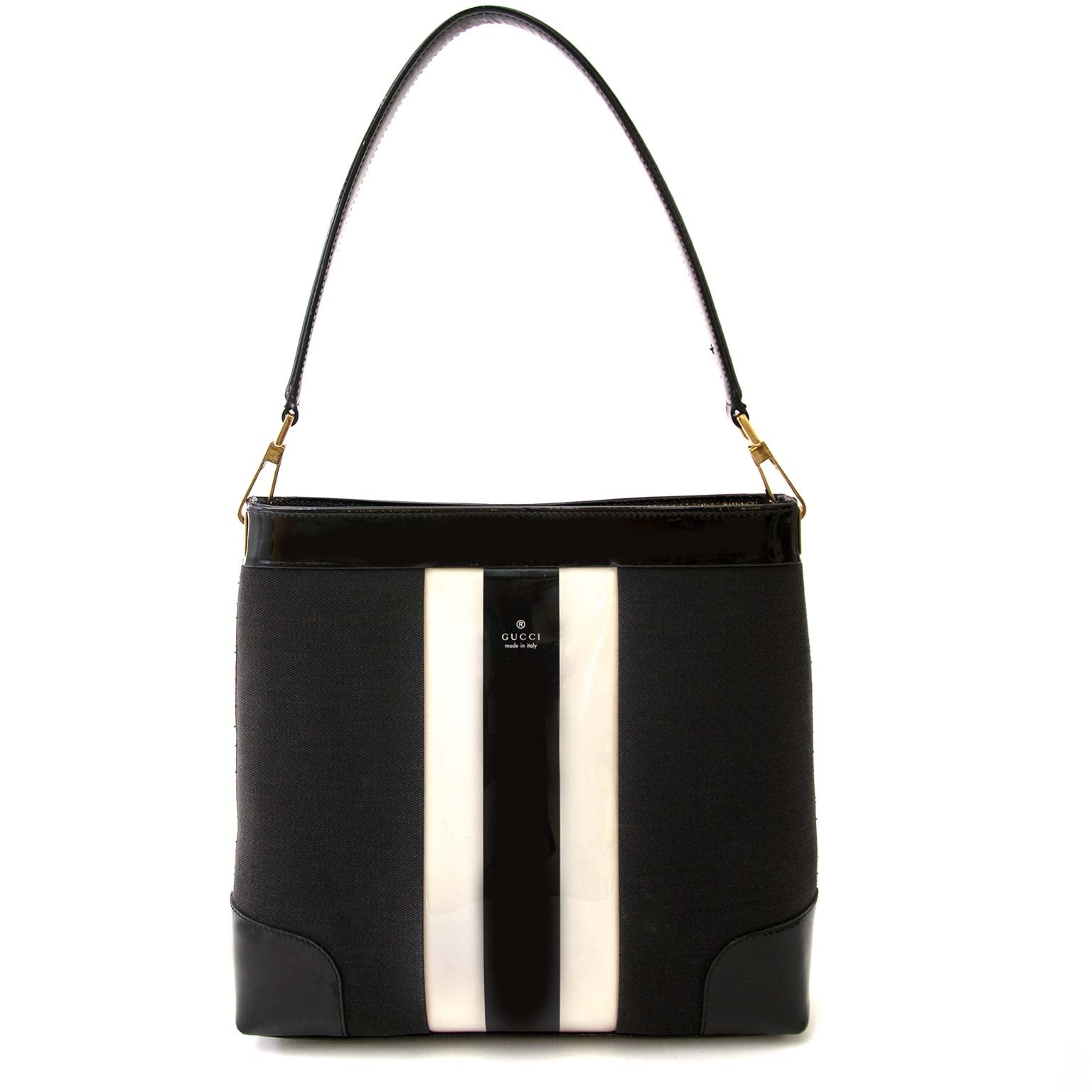 Gucci Signature Fabric Stripe Black Vinyl Shoulder Bag for sale online at Labellov