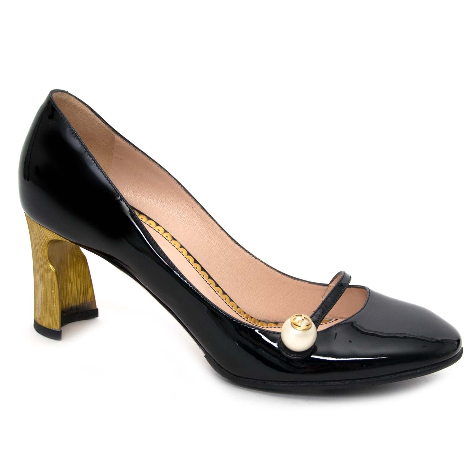 shop safe online acheter en ligne seconde main Gucci Black Patent Leather Gold Tone High Heel Mary Jane Pumps - Size 39