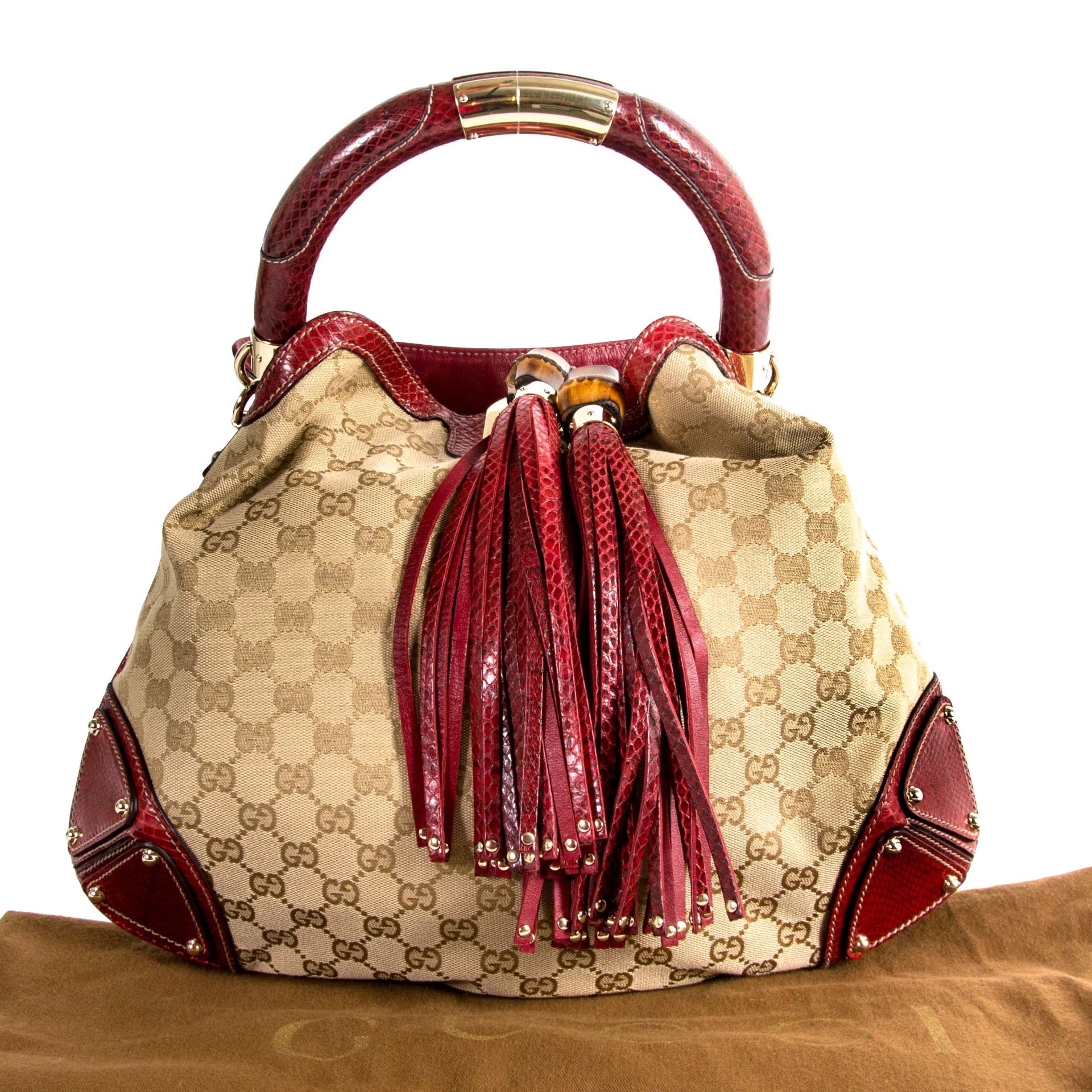 Gucci Limited Edition Monogram And Red Python Indy Bag now for sale at labellov vintage fashion webshop belgium