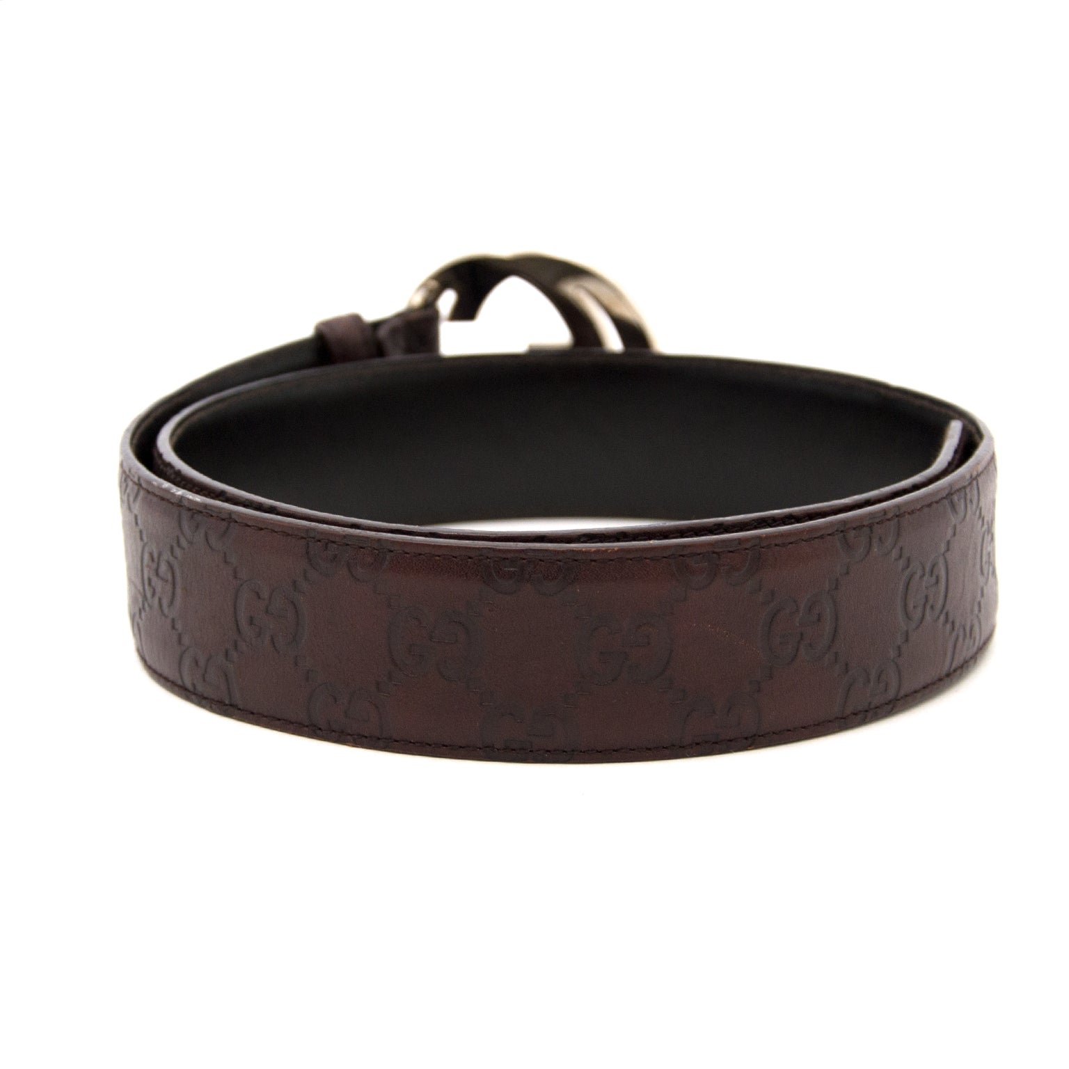 Acheter en ligne chez Labellov.com Gucci Brown Gold Embossed Belt - Size:80