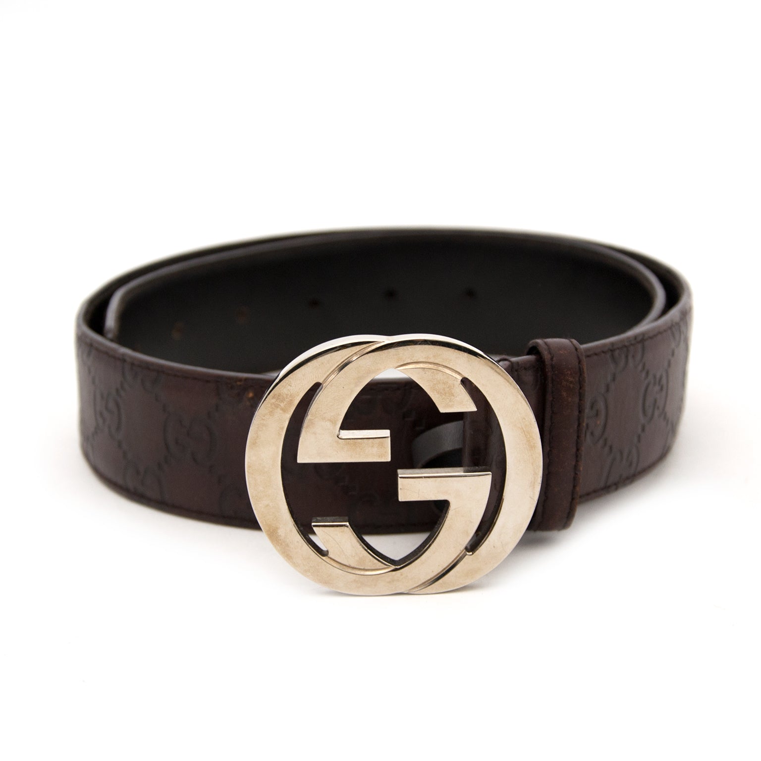 Bent u opzoek naar een Gucci Brown Gold Embossed Belt - Size:80?