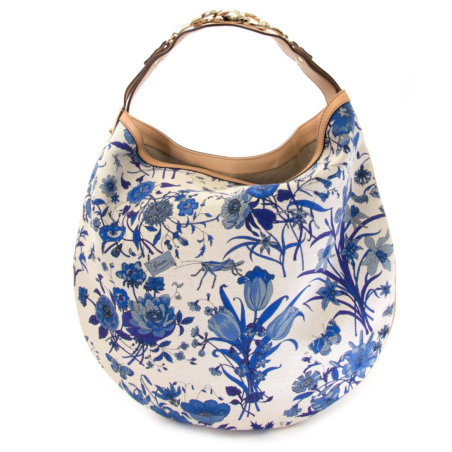 Gucci Blue Flora Canvas Wave Horsebit Hobo Bag now for sale at labellov vintage fashion webshop belgium