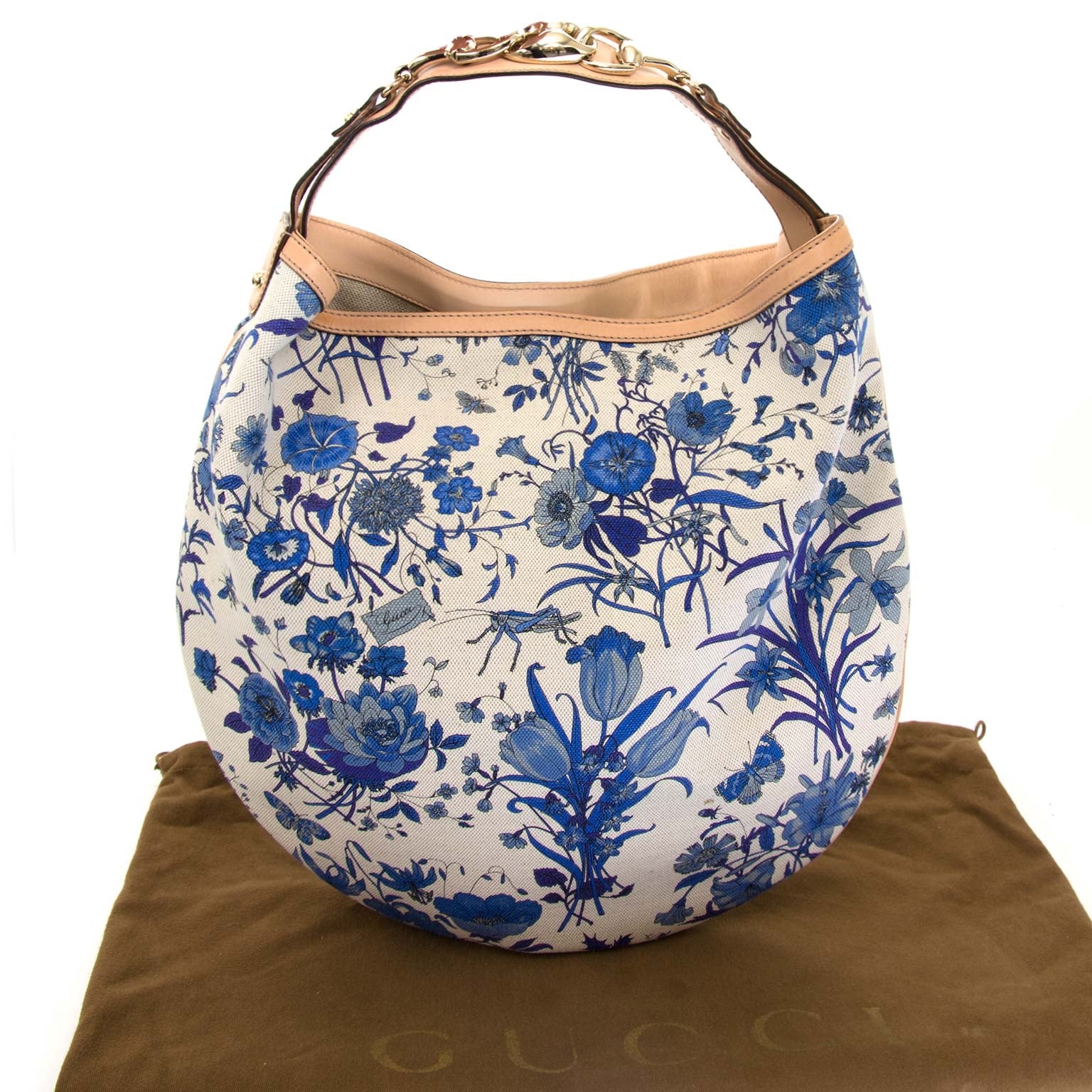 Gucci Blue Flora Canvas Wave Horsebit Hobo Bag now for sale at labellov vintage fashion webshop belgium