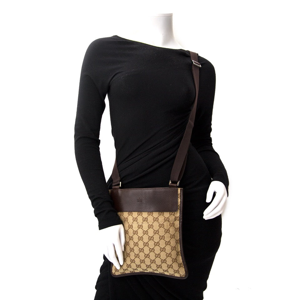 shop real real designer luxury secondhand Gucci Monogram Messenger Crossbody Web Bag