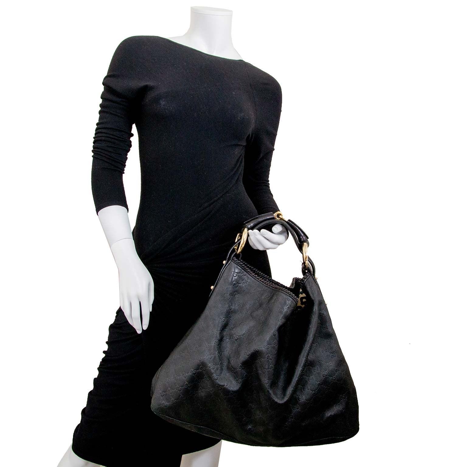 Gucci black leather monogram large horsebit hobo bag now for sale at labellov vintage fashion webshop belgium