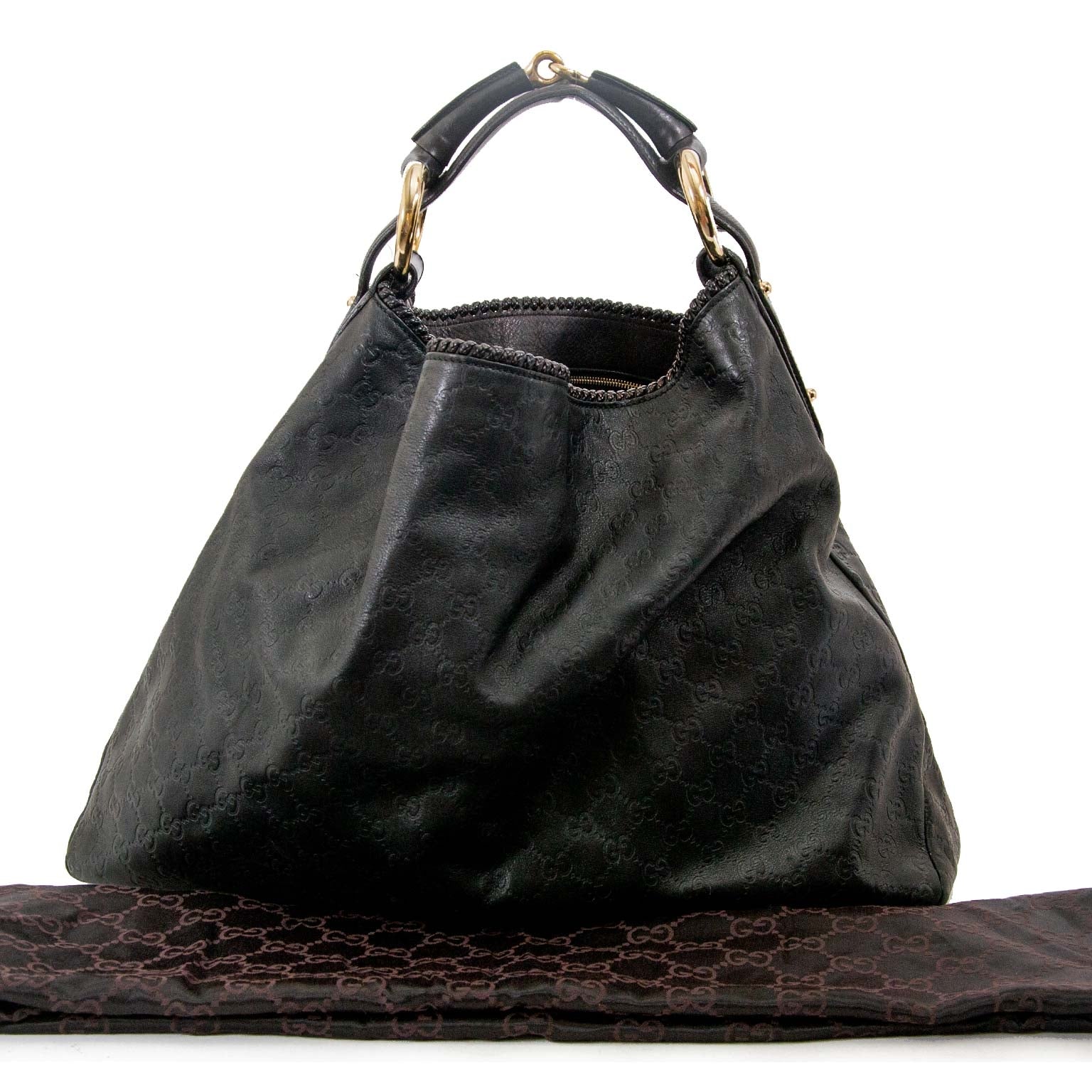Gucci black leather monogram large horsebit hobo bag now for sale at labellov vintage fashion webshop belgium