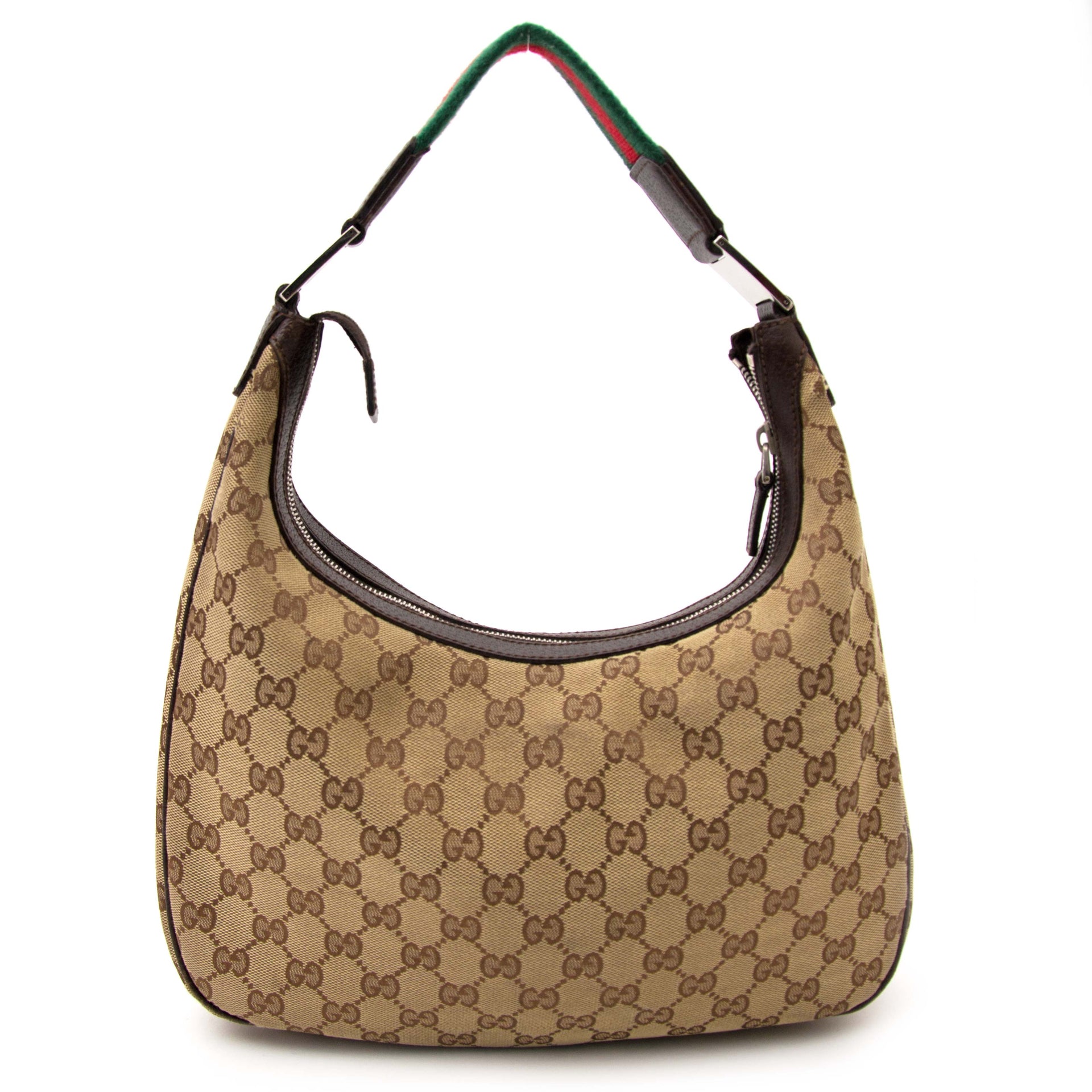 koop online jouw tweedehands Gucci Monogram Fabric Green Red Stripe Hobo Bag & Wallet