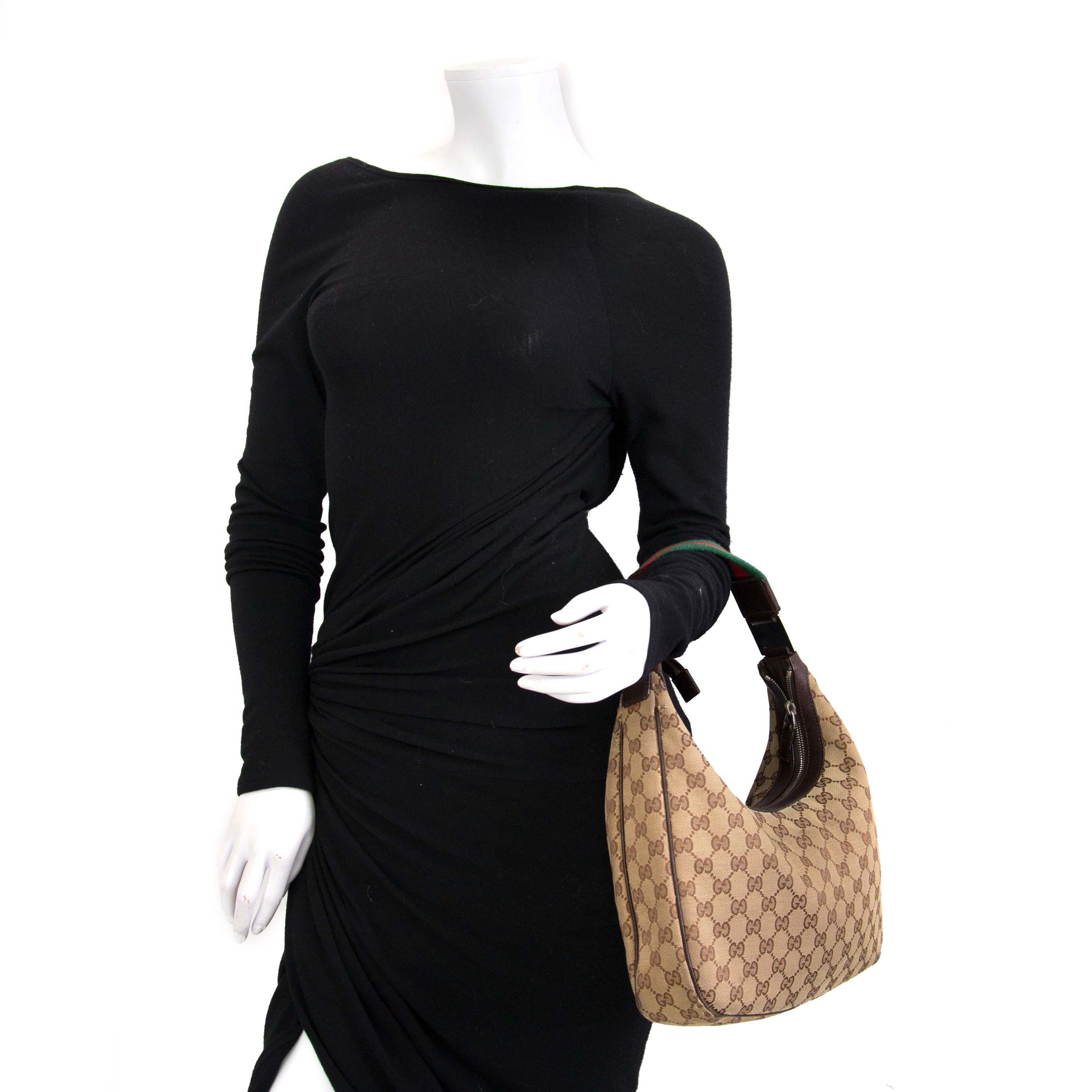 shop safe online your Gucci Monogram Fabric Green Red Stripe Hobo Bag & Wallet