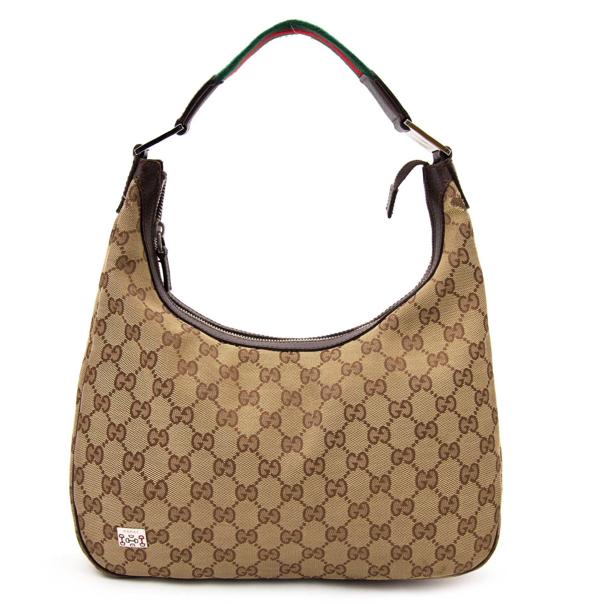koop veilig online jouw tweedehands Gucci Monogram Fabric Green Red Stripe Hobo Bag & Wallet