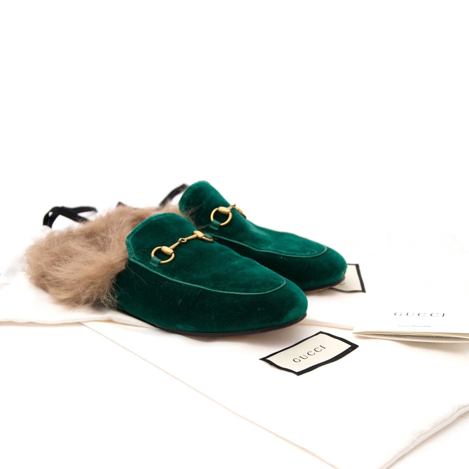 Gucci Emerald Velvet Fur Lined Princetown Mules for sale online at Labellov