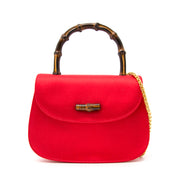 Vintage Gucci Satin XXS Red Mini Bag with Bamboo Handle & Gold Chain for sale in Antwerp Belgium at Labellov, webshop specialized in designer items and vintage with worldwide shipping.