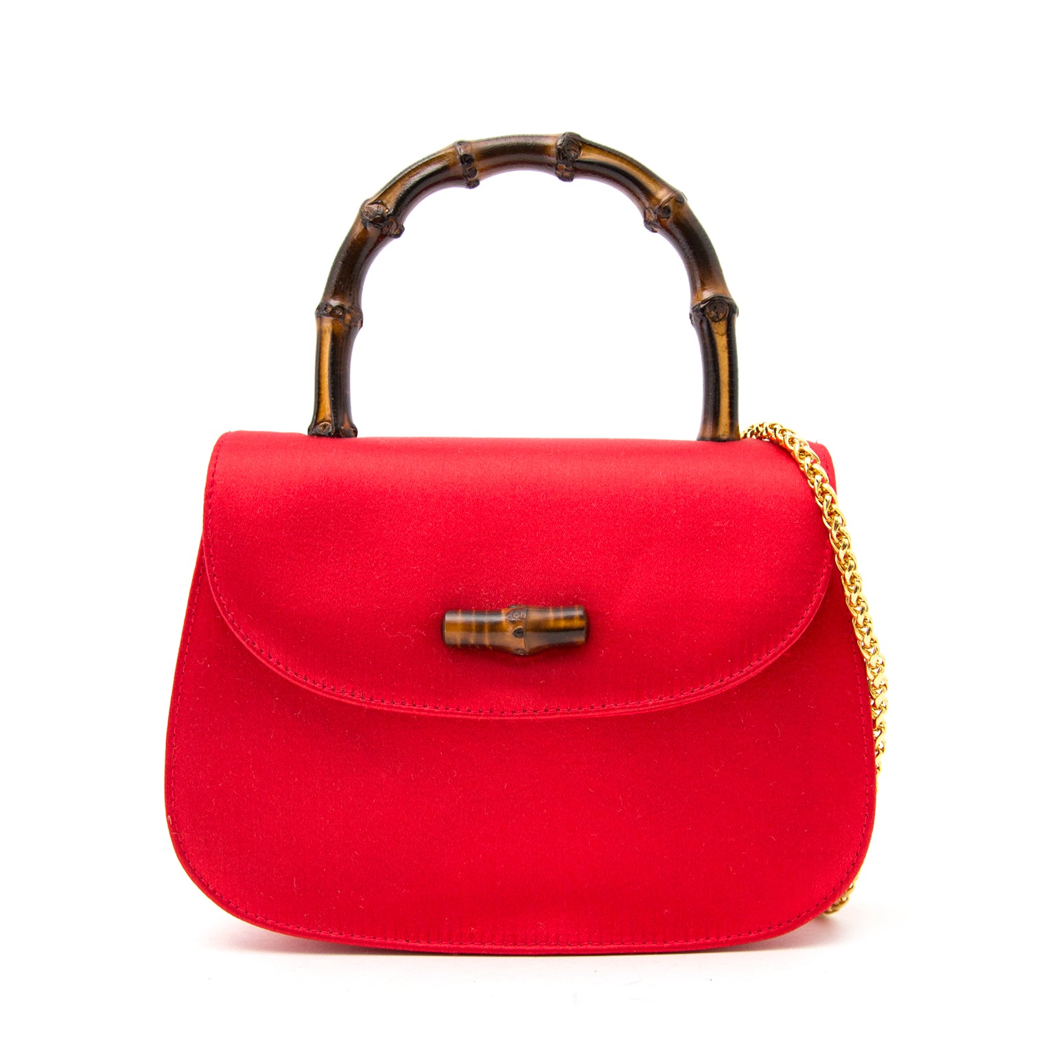 Vintage Gucci Satin XXS Red Mini Bag with Bamboo Handle & Gold Chain for sale in Antwerp Belgium at Labellov, webshop specialized in designer items and vintage with worldwide shipping.