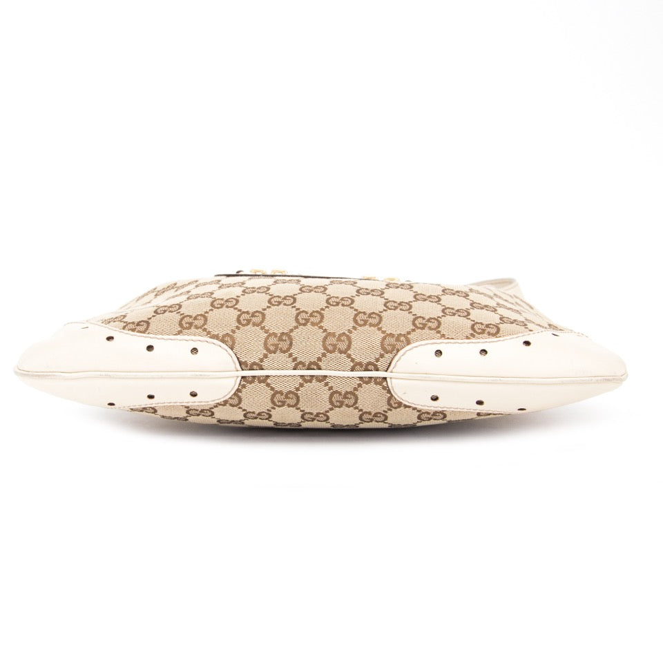 Buy Gucci Monogram Shoulder bag with white trim and gold buckle. at the right price at LabelLOV vintage webshop. Luxe, vintage, fashion. Safe and secure online shopping. Antwerp, Belgium.