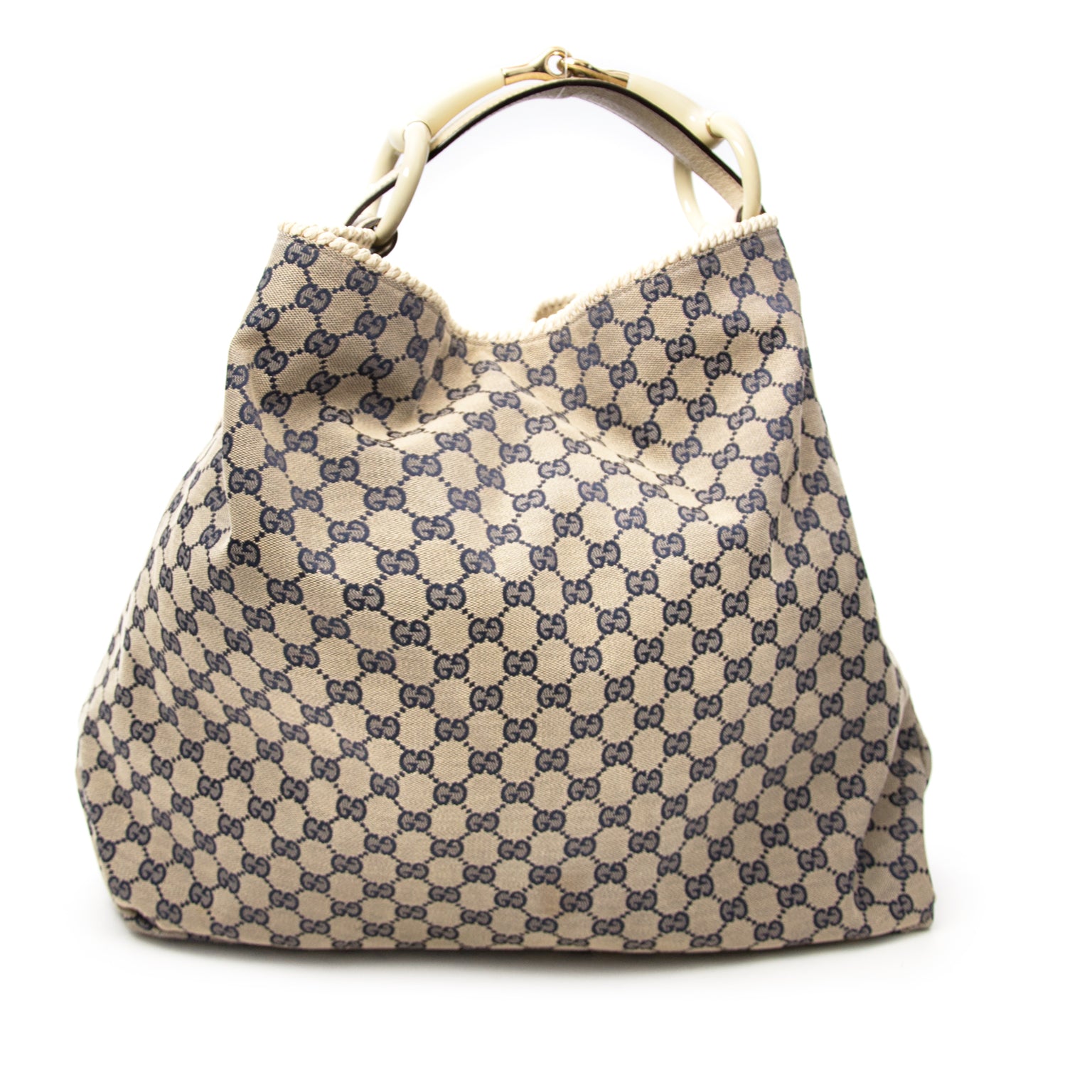 Shop luxe merken als Gucci Blue Supreme Canvas Horsebit Hobo Bag bij Labellov.com