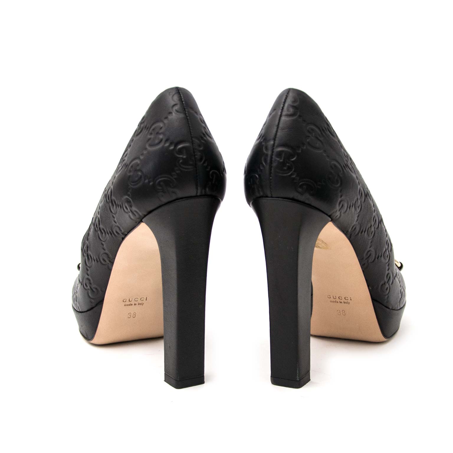 koop veilig online aan de beste prijs Gucci Horsebit Logo Embossed Peep-Toe Pump - size 38