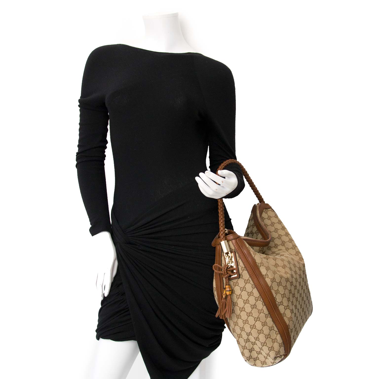 koop jou tweedehands designer handtas Gucci Beige/Brown GG Canvas Bella Large Hobo Bag