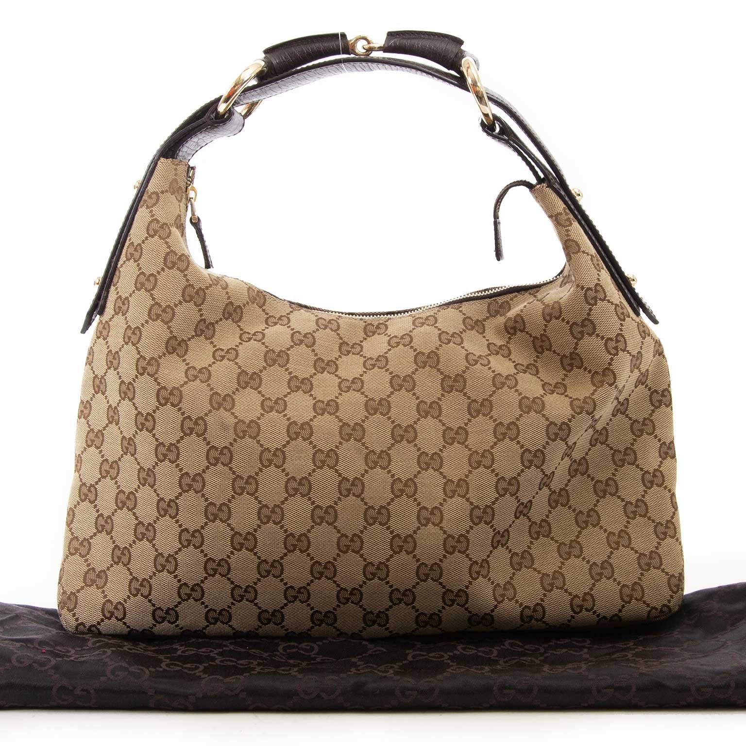 gucci brown monogram horsebit hobo bag now for sale at labellov vintage fashion webshop belgium