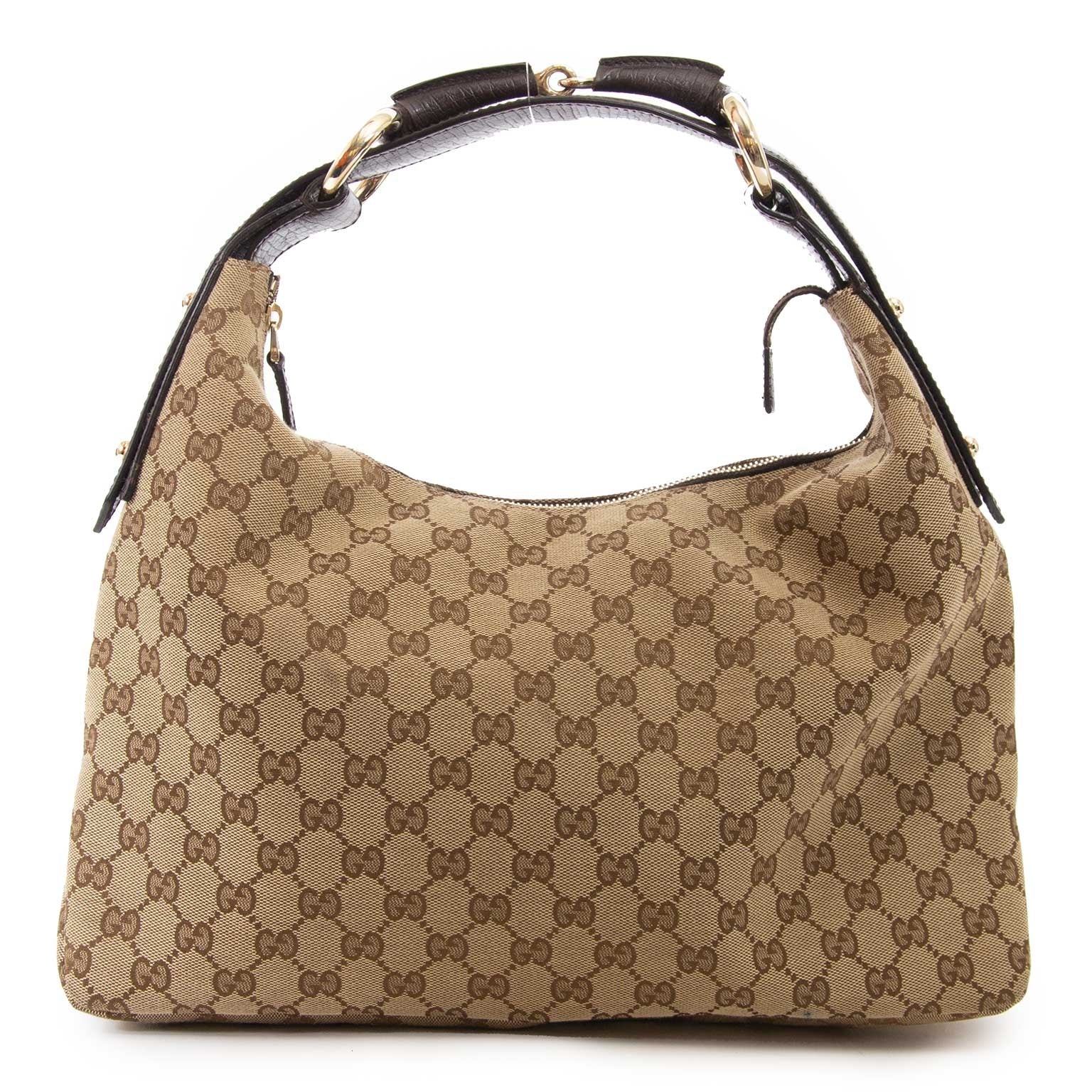 gucci brown monogram horsebit hobo bag now for sale at labellov vintage fashion webshop belgium