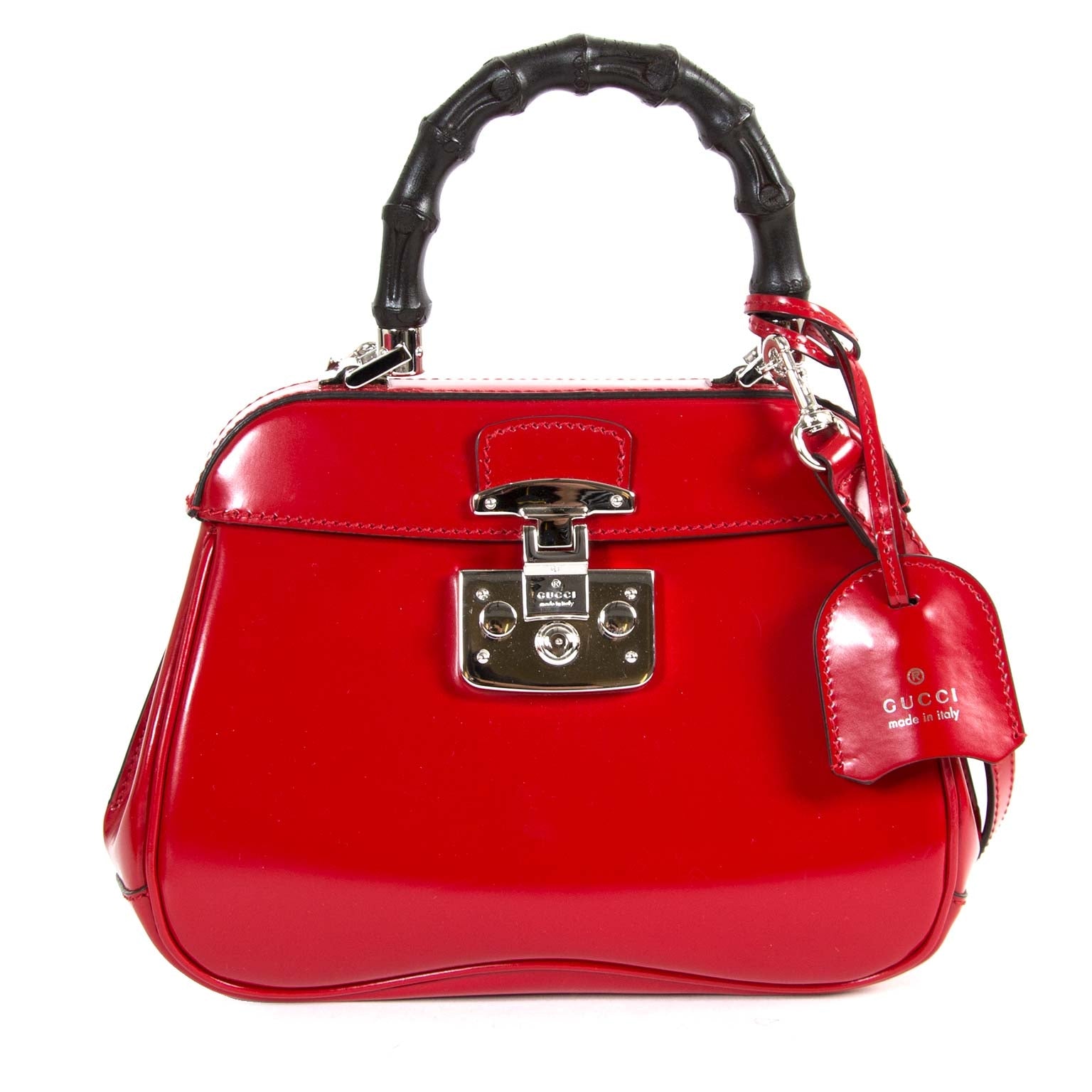 Gucci Lady Lock Bamboo Top Handle Red Leather Bag now for sale at labellov vintage fashion webshop belgium
