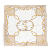 A beautiful and authentic Gucci silk scarf in the classic chain link motif with medallions and straps. The pattern is printed in two tone muted golden yellow on pure muted soft white. A classy and elegant scarf for a luxurious look.