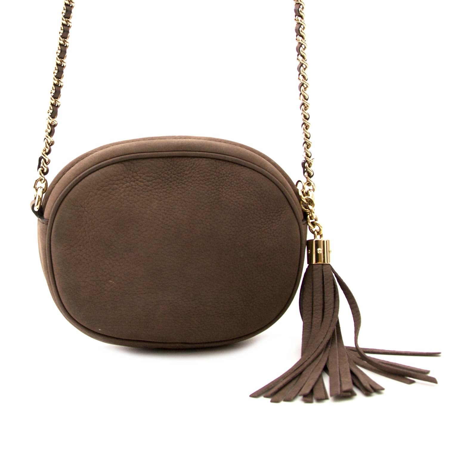 looking for secondhand luxury worldwide shippping ? Gucci Taupe Nubuck Mini Soho Chain Bag