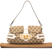 Authentieke Gucci Beige Monogram schoudertas met wit en goud voor de juiste prijs bij LabelLOV vintage webshop. Gucci Beige Monogram Purse with white and gold. Veilig online winkelen. Luxe, vintage, mode. Antwerpen, België.