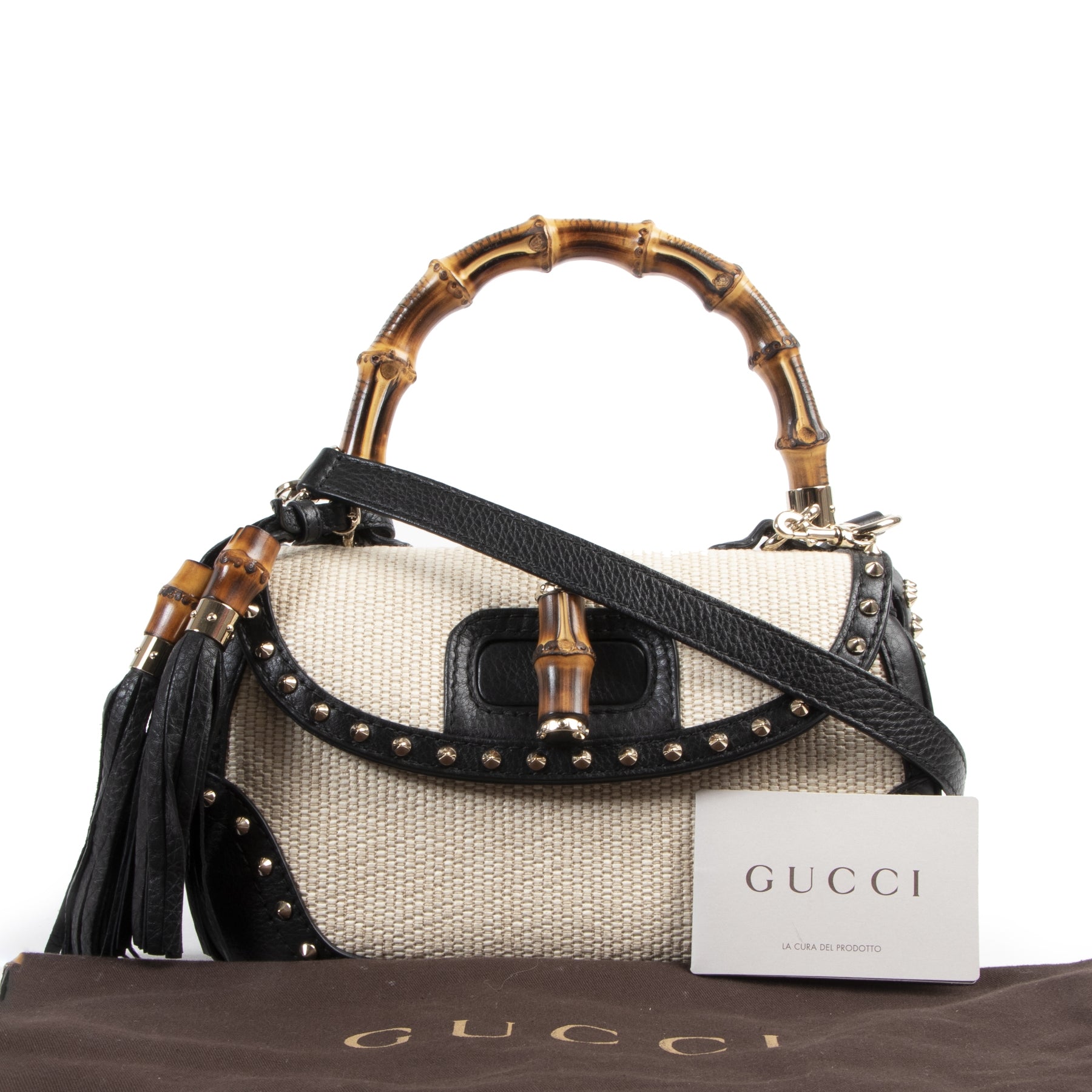 Authentic secondhand Gucci Straw Studded Leather New Bamboo Top Handle Bag designer bags fashion luxury vintage webshop safe secure online shopping