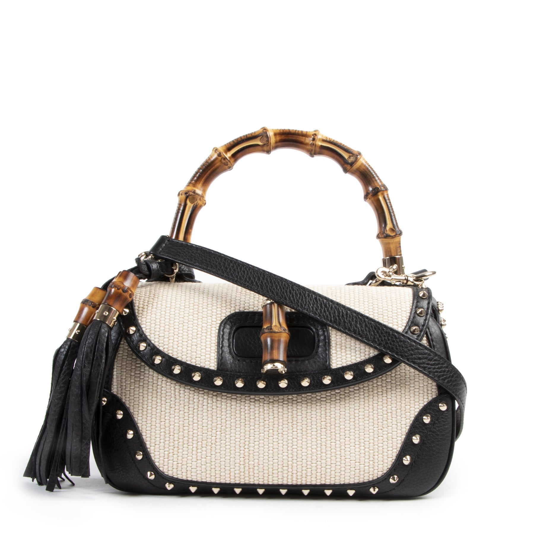 Authentieke Tweedehands Gucci Straw Studded Leather New Bamboo Top Handle Bag juiste prijs veilig online shoppen luxe merken webshop winkelen Antwerpen België mode fashion