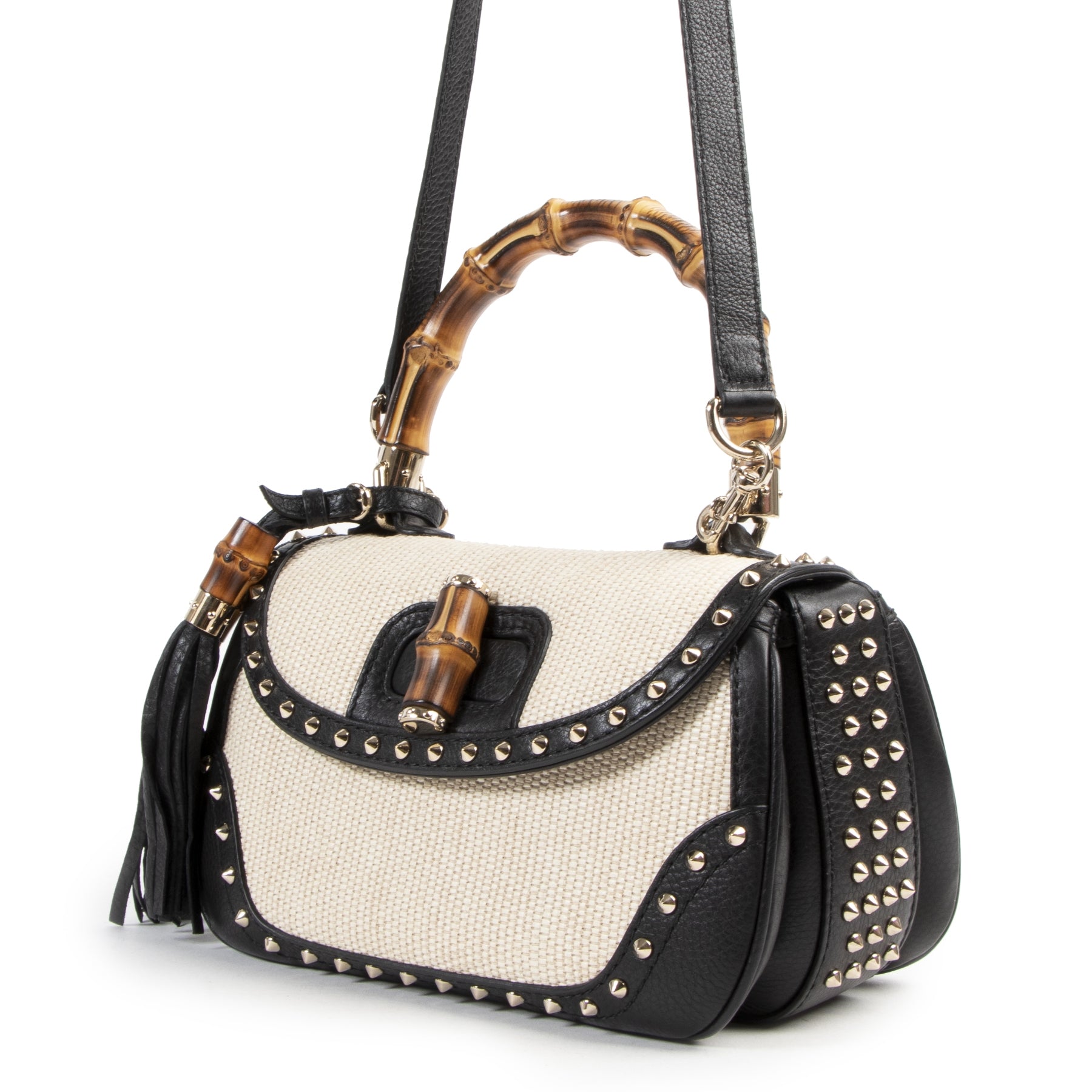 Authentieke Tweedehands Gucci Straw Studded Leather New Bamboo Top Handle Bag juiste prijs veilig online shoppen luxe merken webshop winkelen Antwerpen België mode fashion