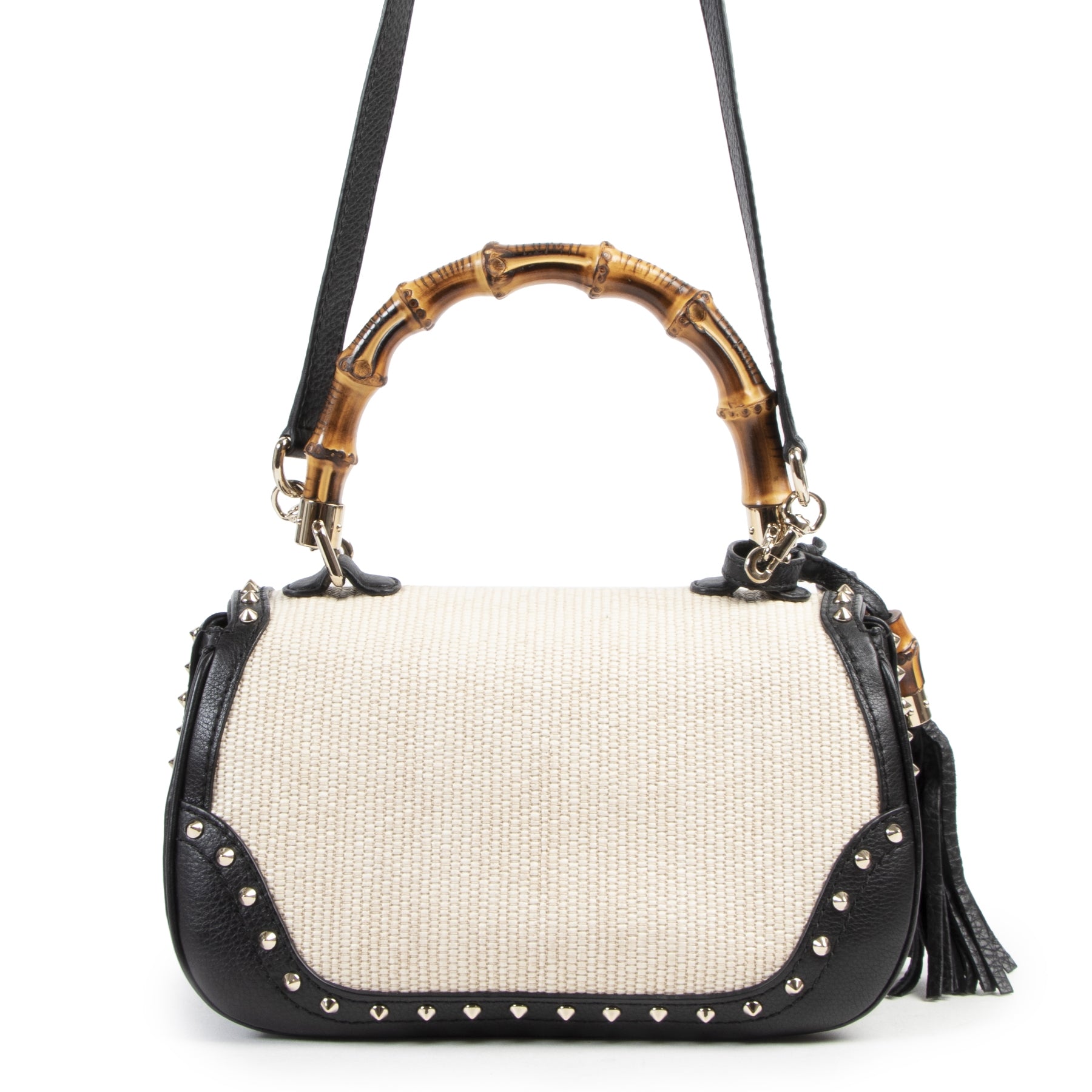 Authentic secondhand Gucci Straw Studded Leather New Bamboo Top Handle Bag designer bags fashion luxury vintage webshop safe secure online shopping