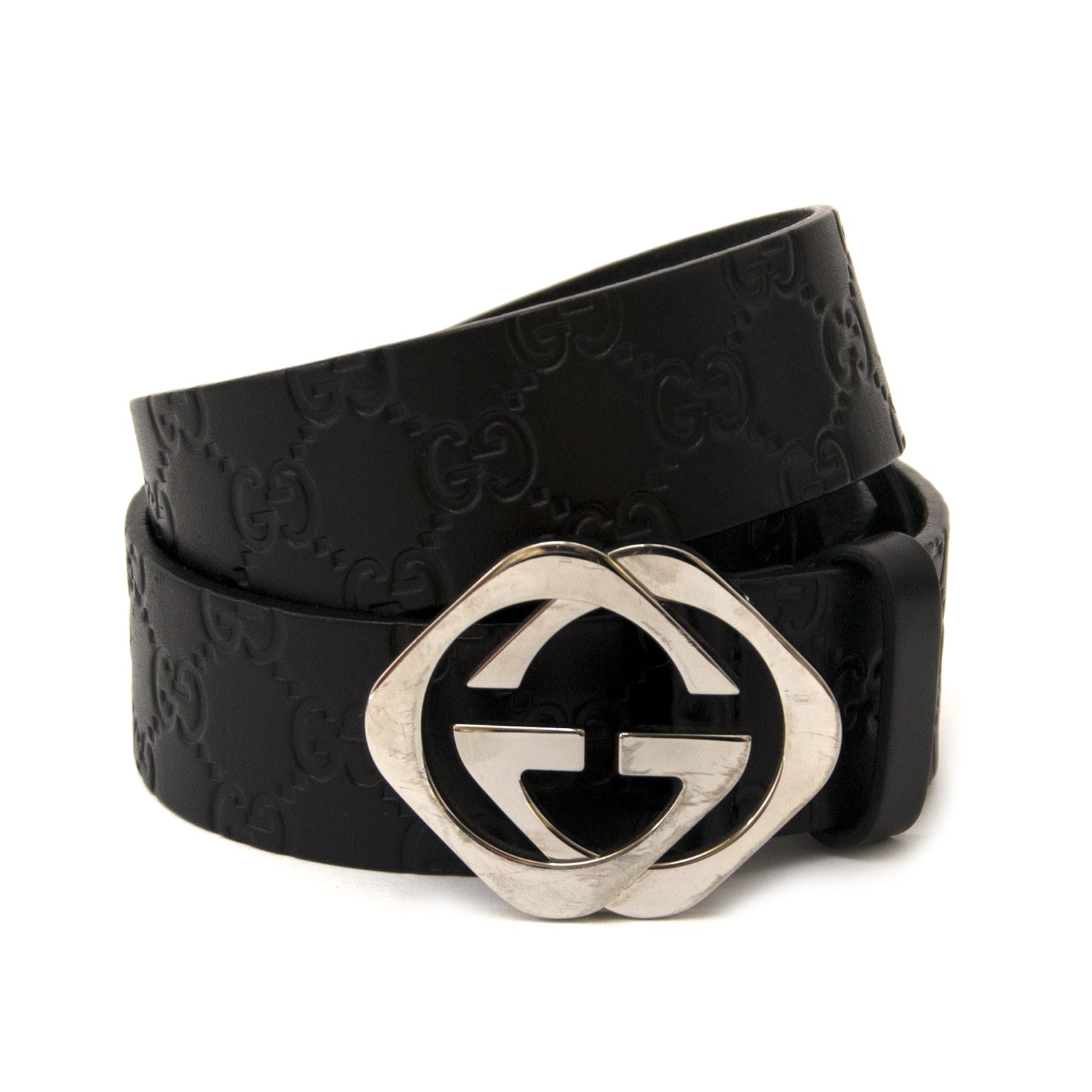 Gucci Black Logo Embossed Leather Belt - size 95 for sale online at Labellov