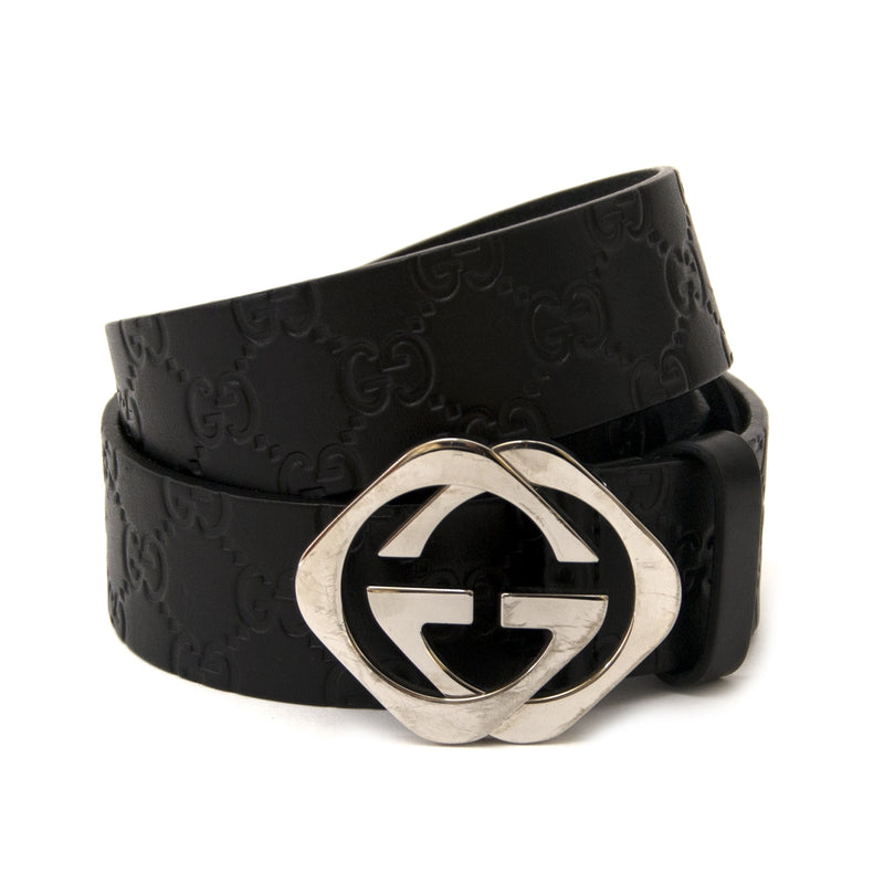 Gucci Black Logo Embossed Leather Belt - size 95 for sale online at Labellov