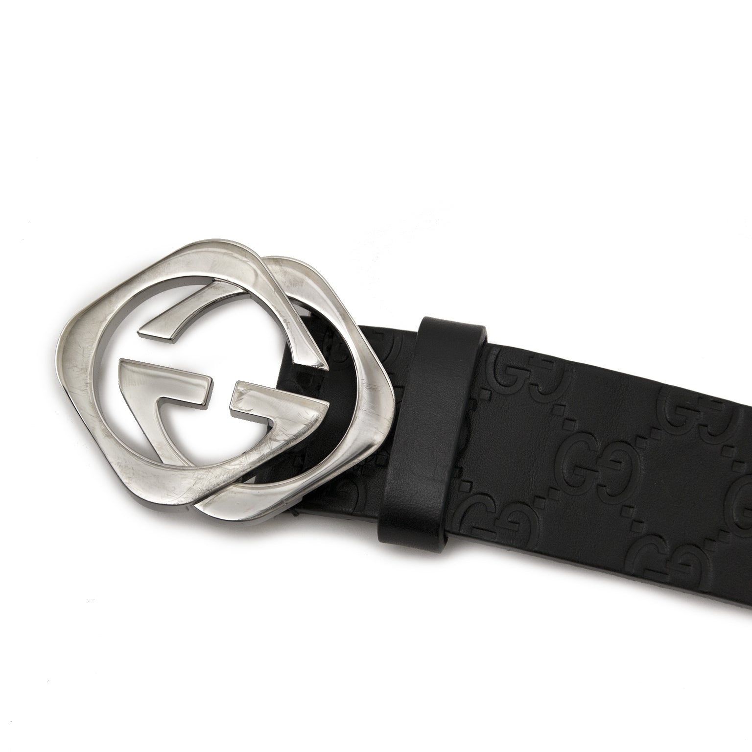 Gucci Black Logo Embossed Leather Belt - size 95