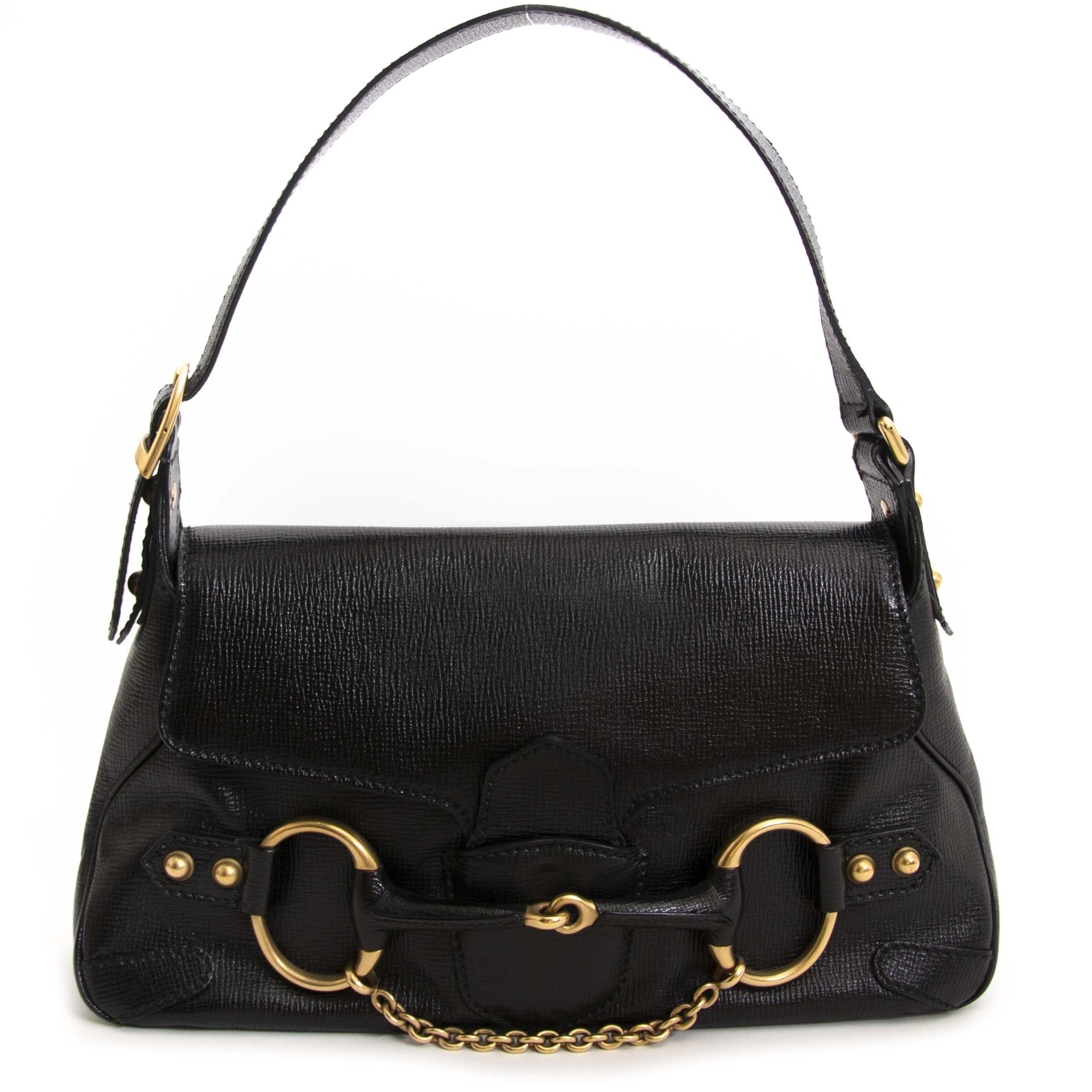 Gucci Black Leather Horsebit Shoulder Bag now for sale at labellov vintage fashion webshop belgium