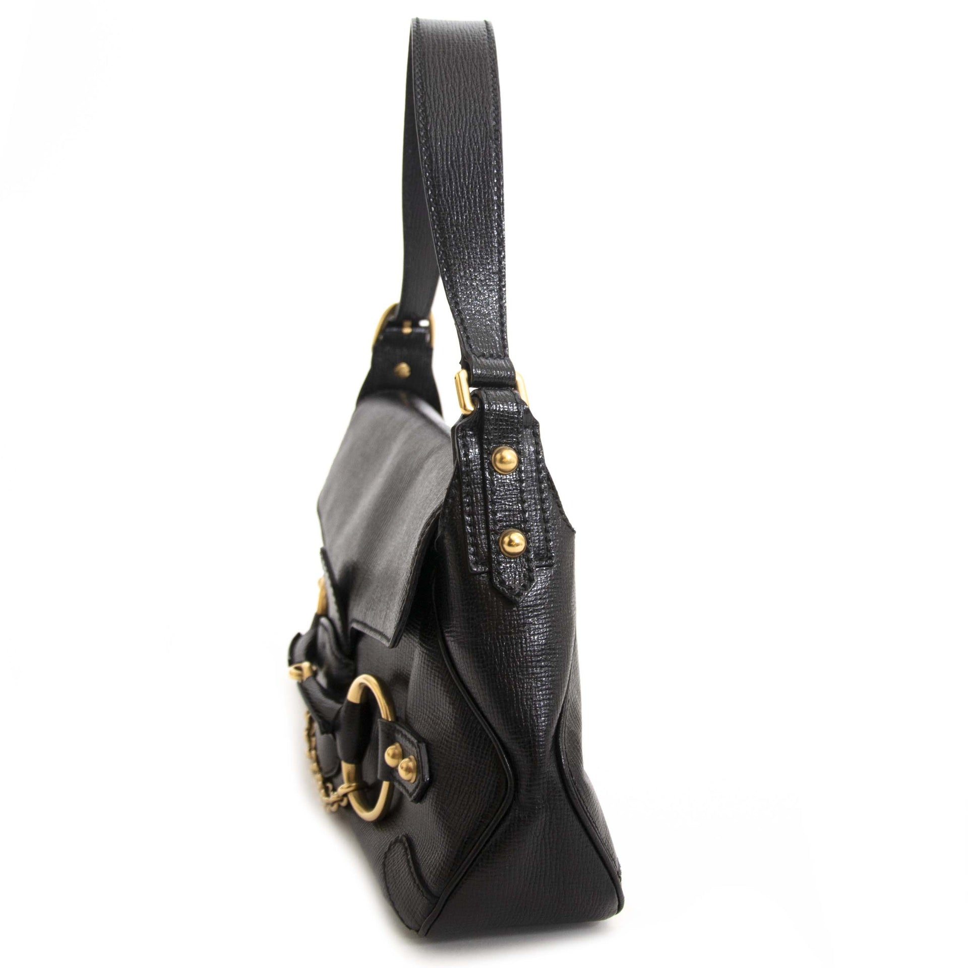 Gucci zwarte lederen horsebit schouder tas nu te koop bij labellov vintage mode webshop belgië