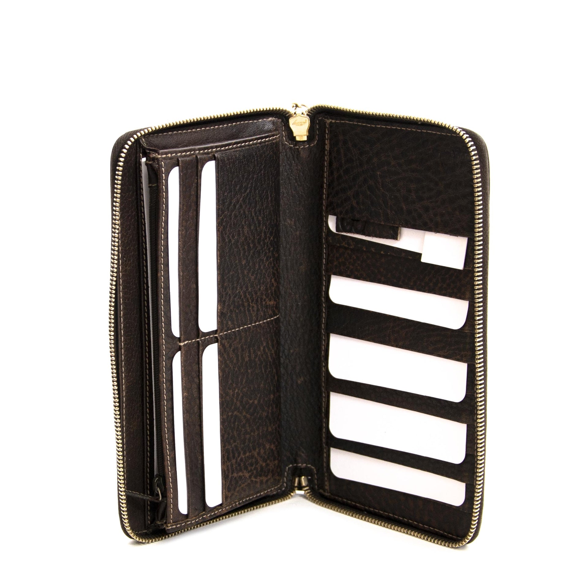 gucci signature bruin leder zip portefuille te koop bij labellov vintage webshop aan de laagste prijs