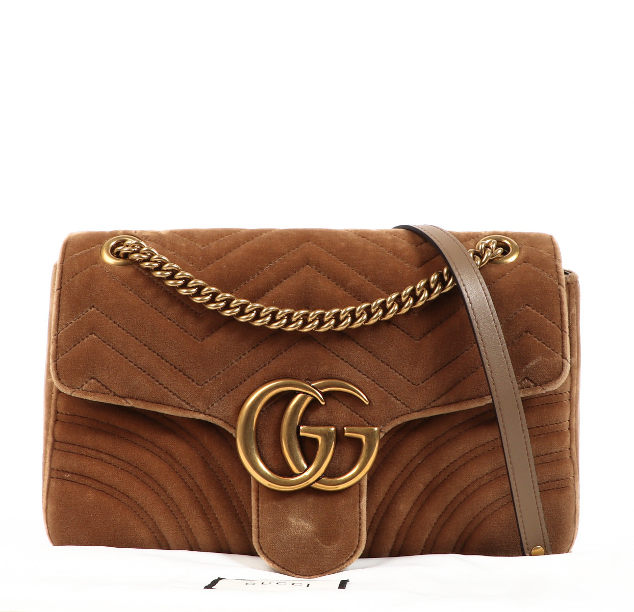 Gucci GG Marmont Taupe Velvet Medium Shoulder Bag pour le meilleur prix chez Labellov à Bruxelles