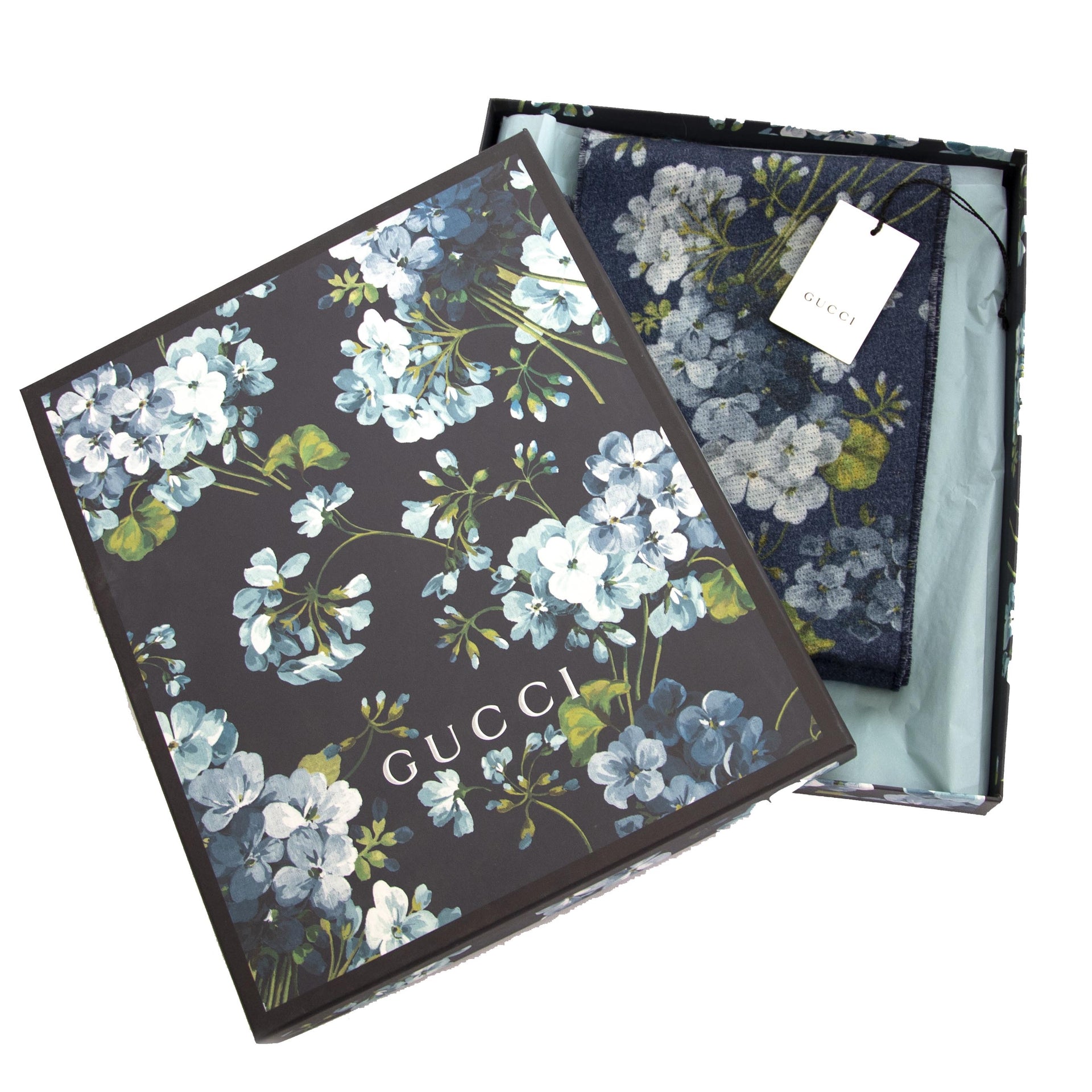 Gucci Blue Blooms Reversible GG Wool Fringes Scarf now online at labellov.com for the best price
