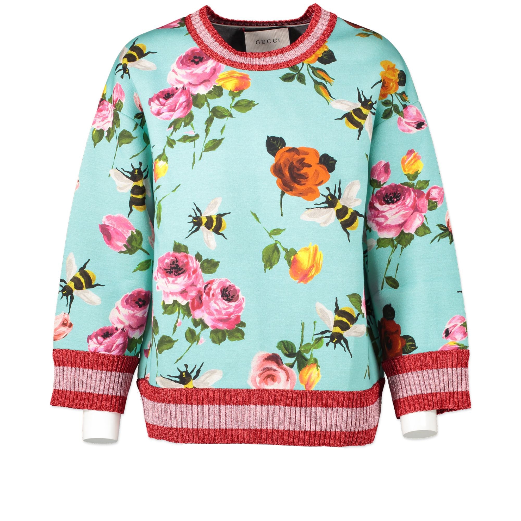 GUCCI フローラルニットセーター Gucci Blue Neoprene Bees & Roses Web Sweater - size S – Labellov