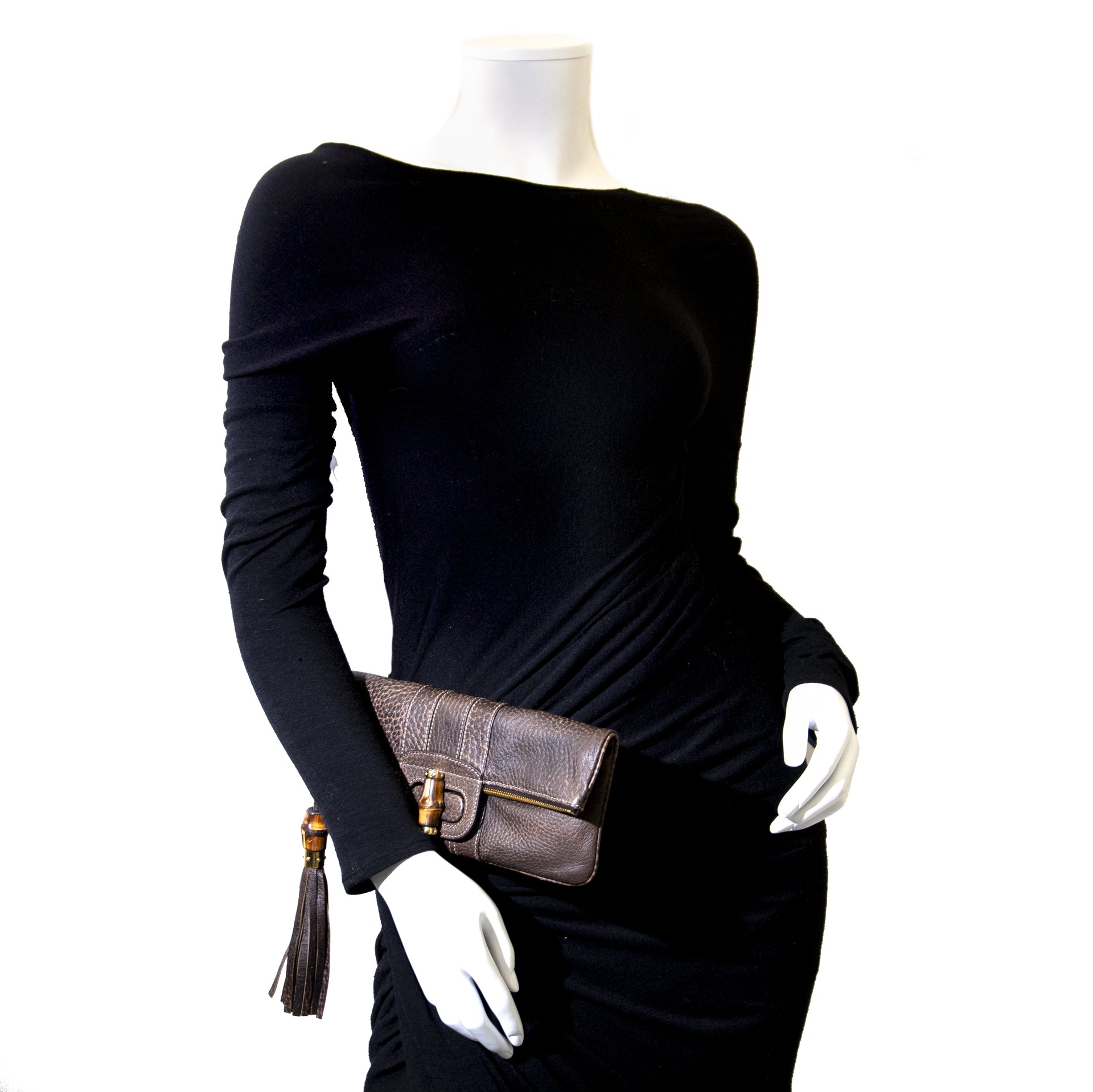 Gucci Brown Leather Fold Over Bamboo Clutch Bag kopen en verkopen aan de beste prijs