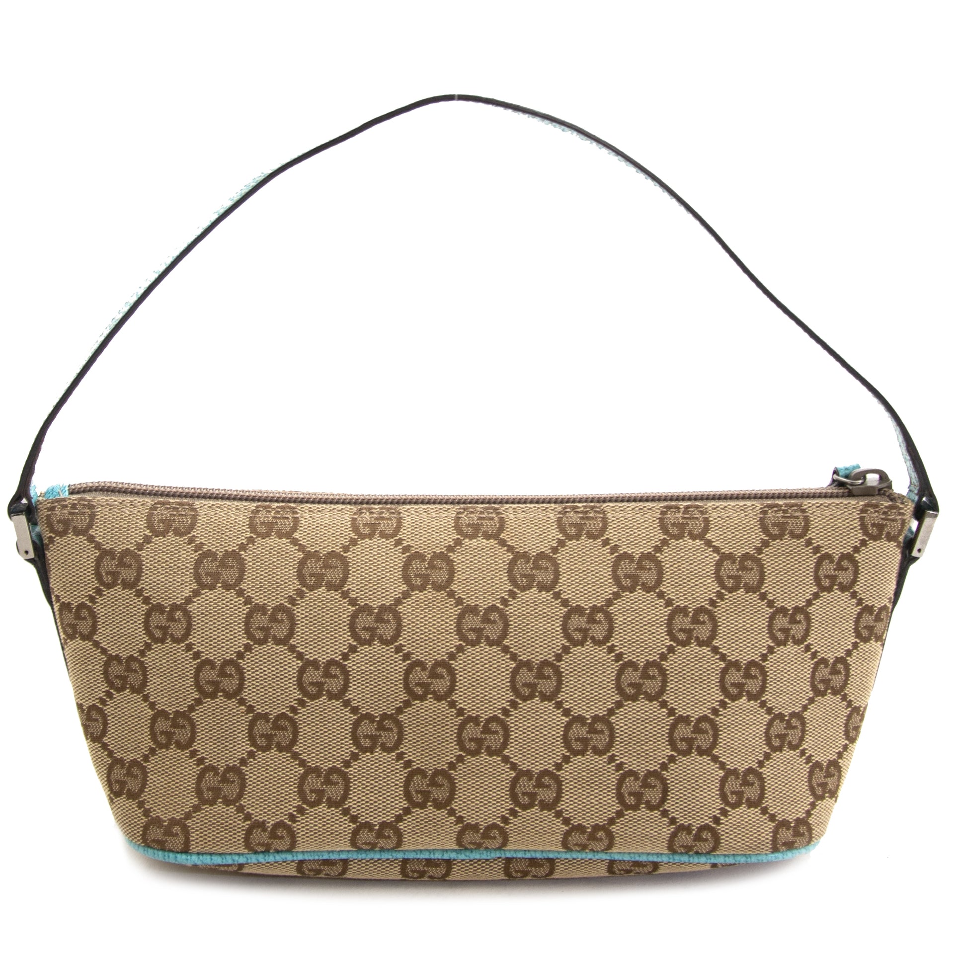 Authentic second hand vintage Gucci Blue Beige Monogram Pochette online webshop LabelLOV