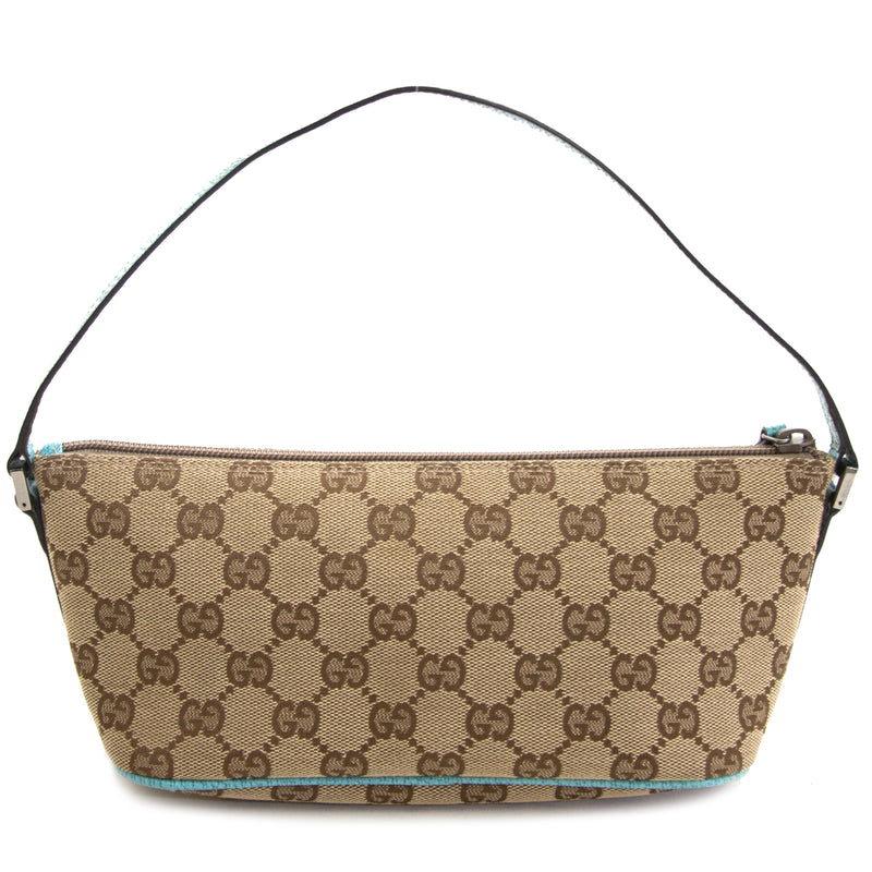 Authentic second hand vintage Gucci Blue Beige Monogram Pochette online webshop LabelLOV