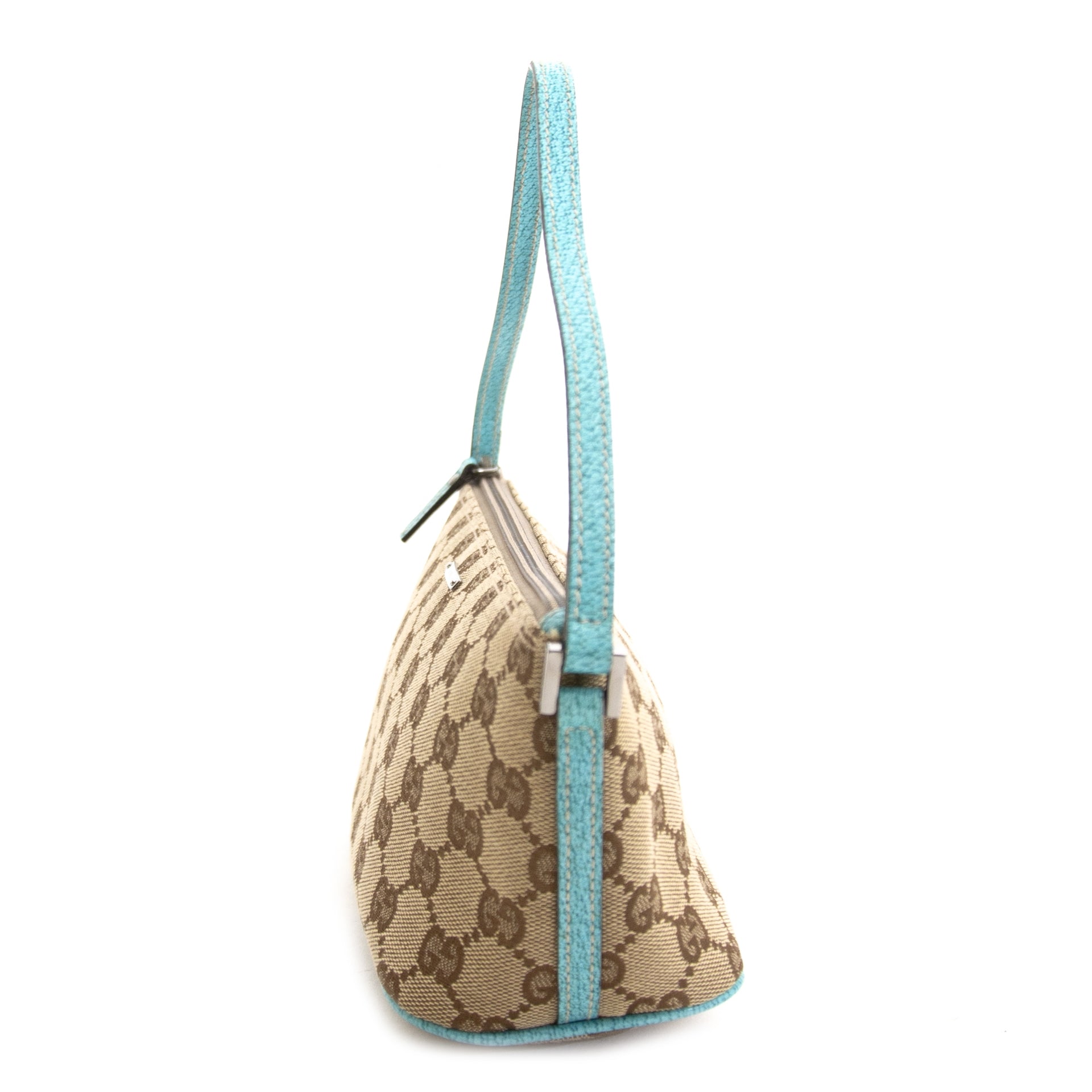 Koop authentieke tweedehands vintage Gucci Blue Beige Monogram Pochette bij online webshop LabelLOV