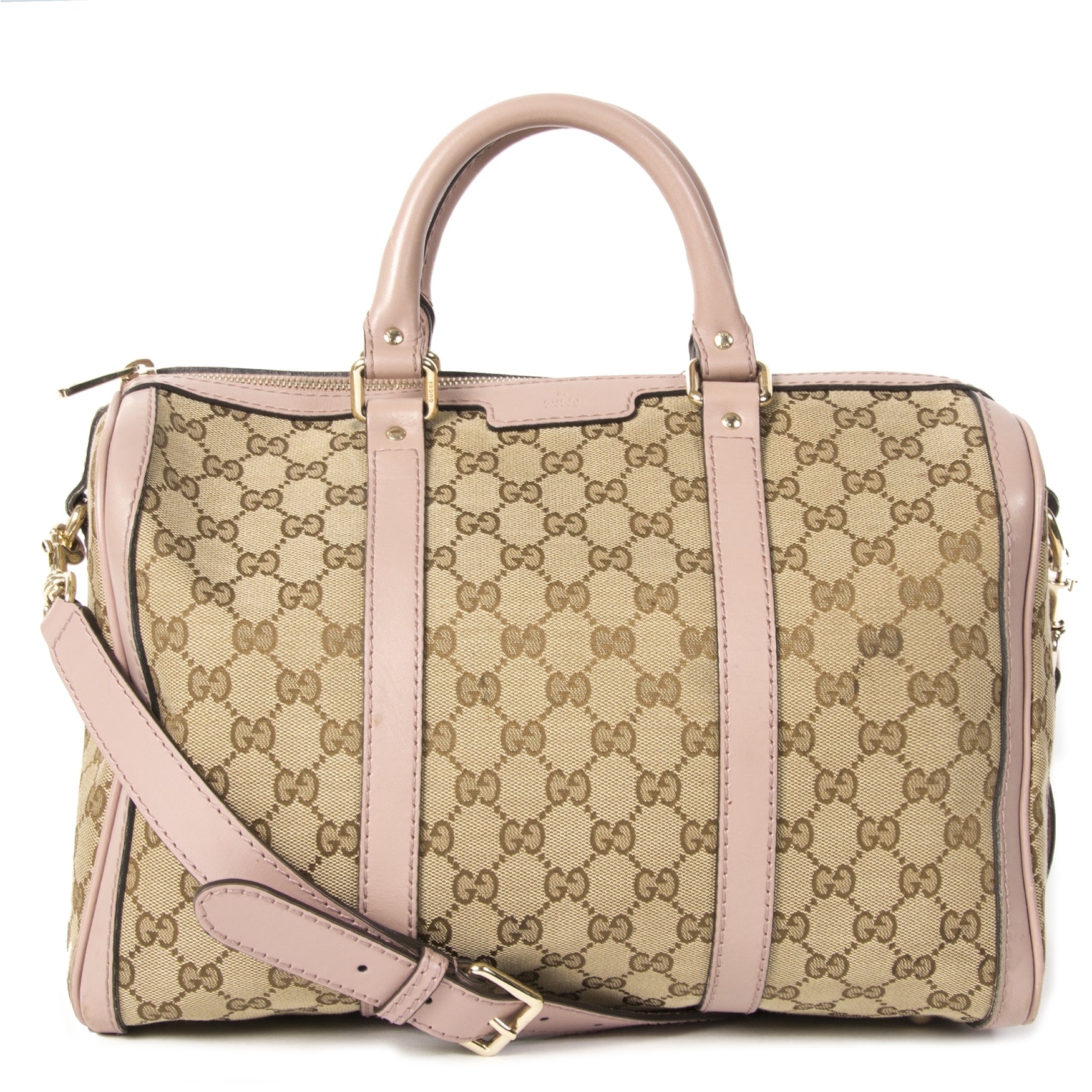 Authentieke tweedehands Gucci Monogram Boston Medium Bag Lila juiste prijs veilig online winkelen LabelLOV webshop luxe merken winkelen Antwerpen België mode fashion